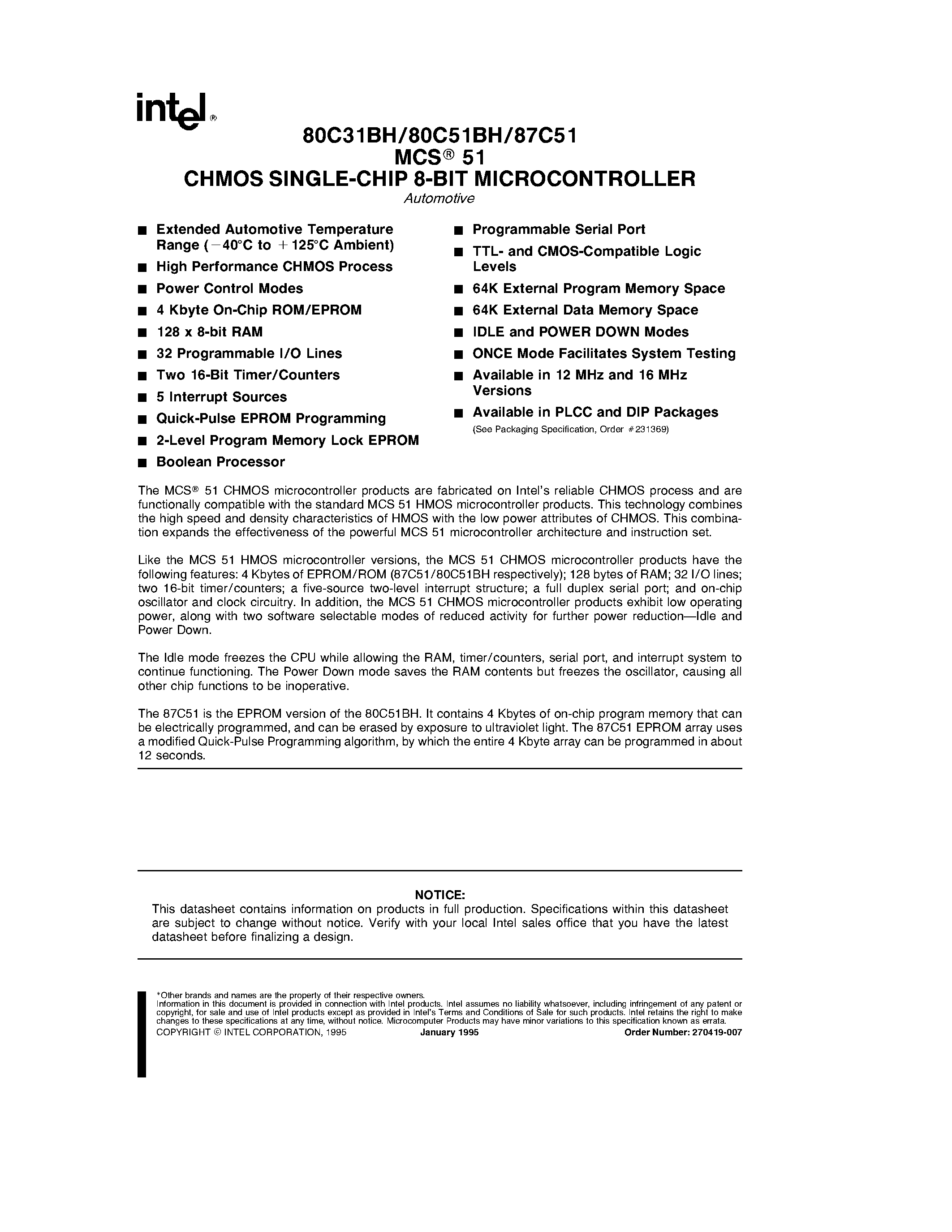 Datasheet TN80C31BH page 1 Datasheet TN80C31BH - CHMOS SINGLE-CHIP 8-BIT MICROCONTROLLER page 1