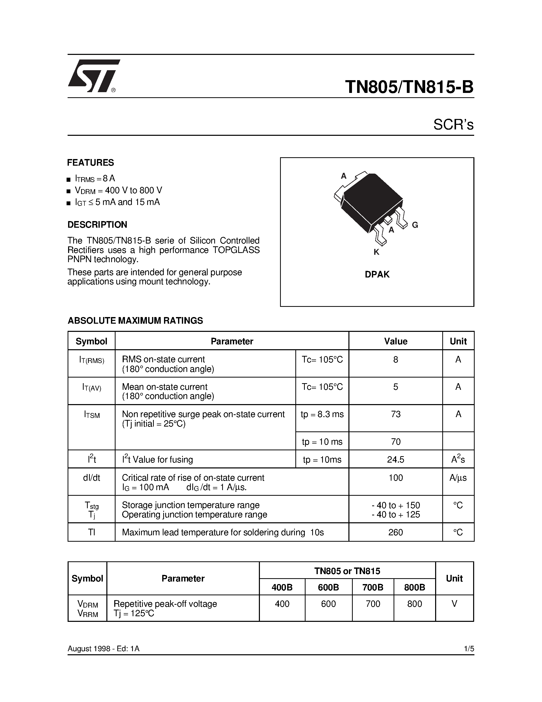 Datasheet TN815-B page 1 Datasheet TN815-B - SCRs page 1