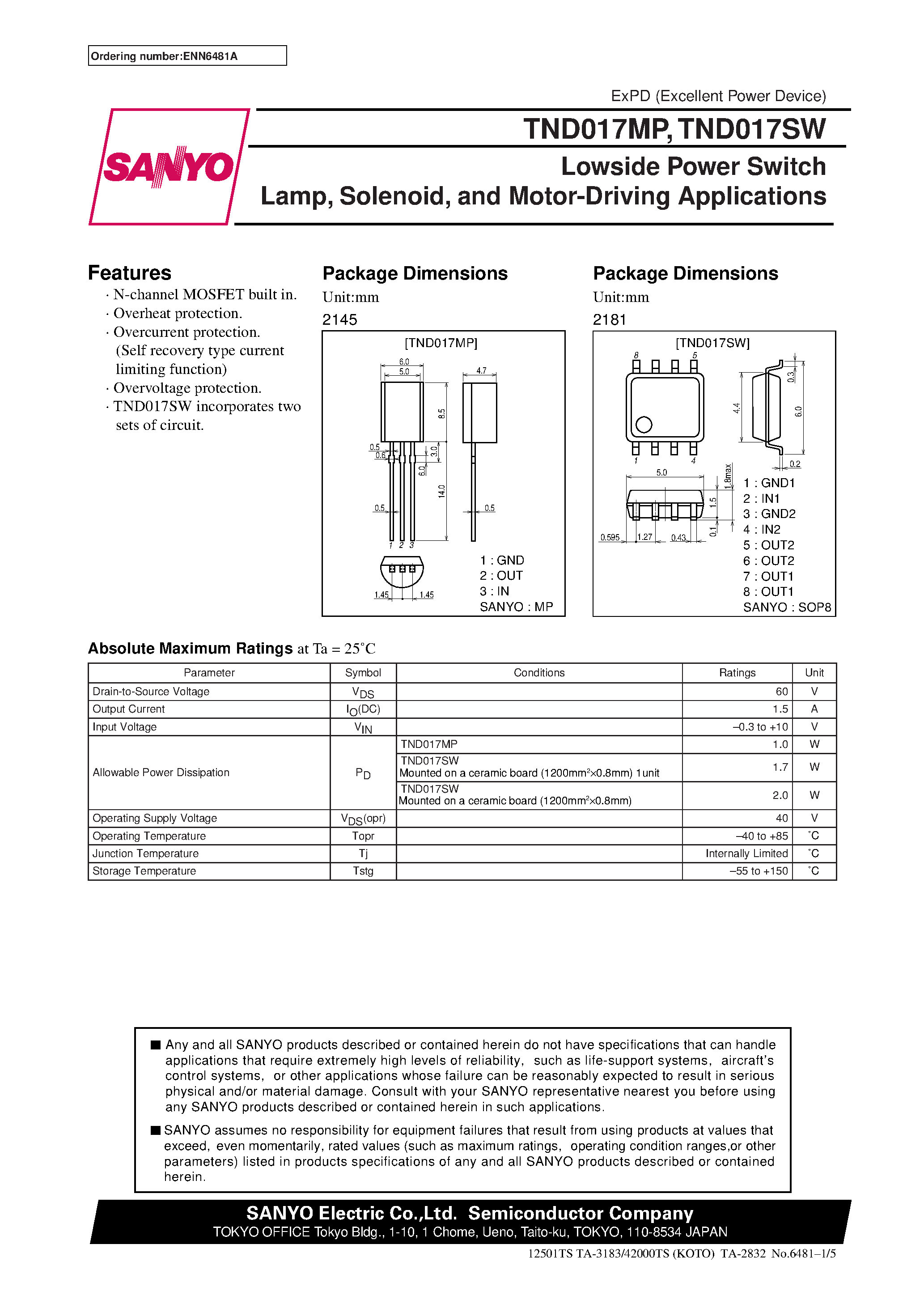 Datasheet TND017 - Lowside Power Switch Lamp/ Solenoid/ and Motor-Driving Applications page 1