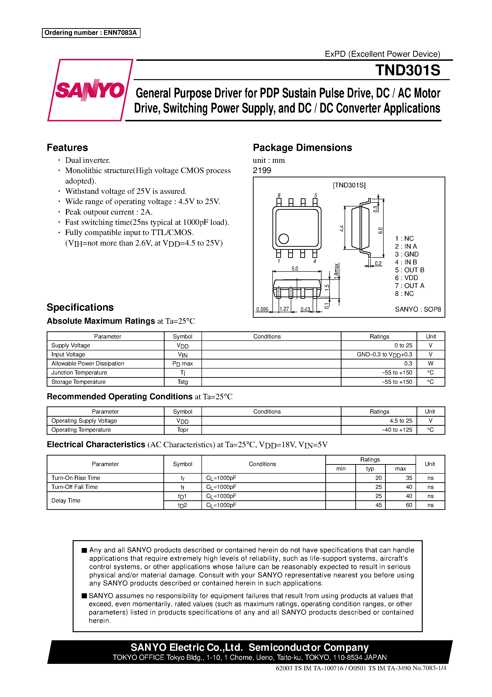 Datasheet TND301 - General Purpose Driver for PDP Sustain Pulse Drive/ DC / AC Motor Drive/ Switching Power Supply/ and DC / DC Converter Applications page 1