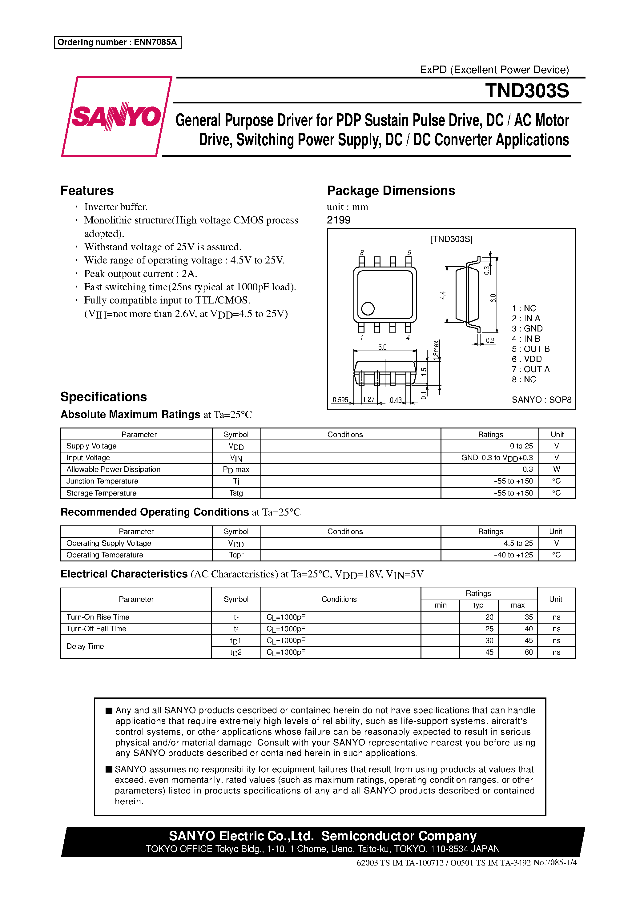 Datasheet TND303S - General Purpose Driver for PDP Sustain Pulse Drive/ DC / AC Motor Drive/ Switching Power Supply/ DC / DC Converter Applications page 1