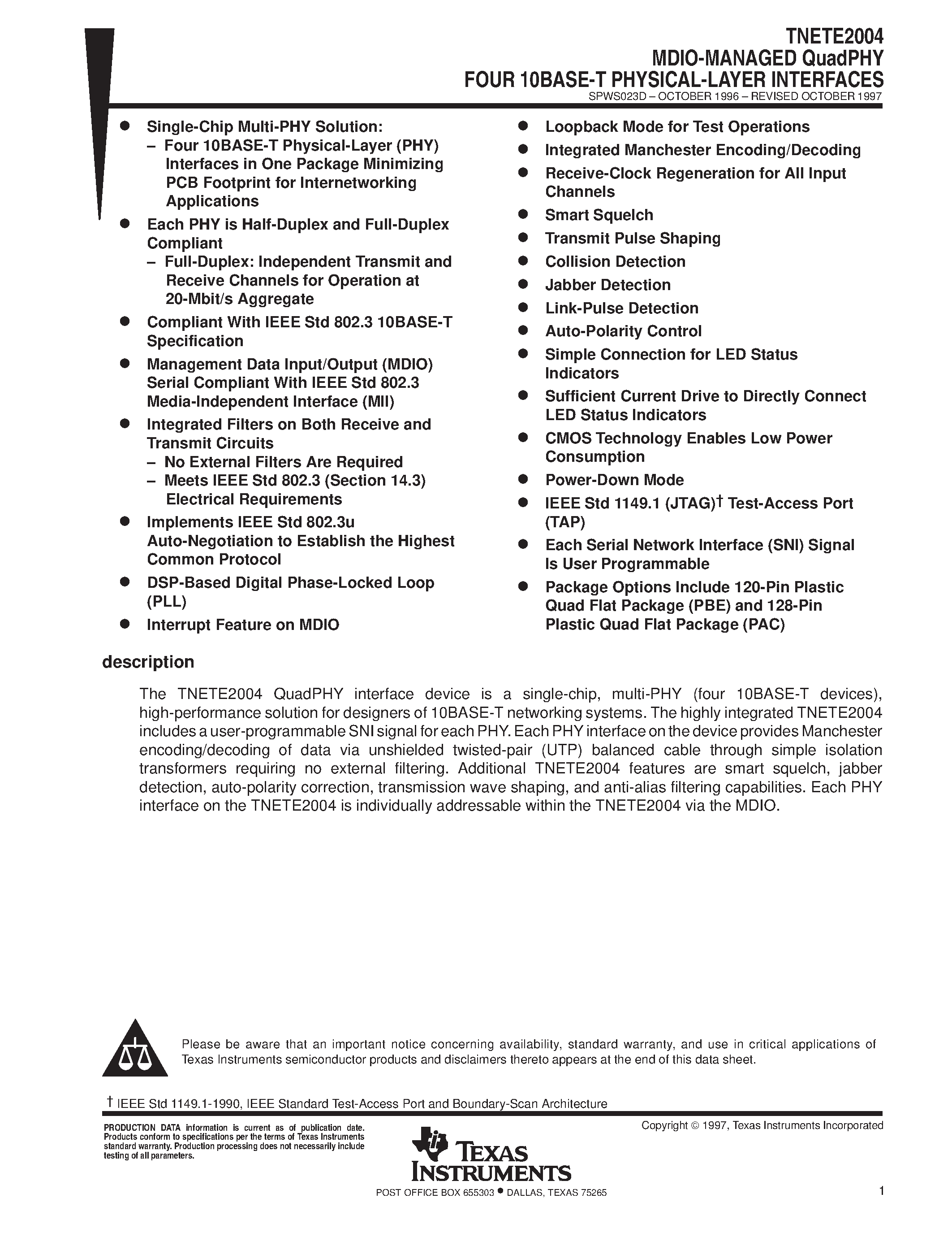 Даташит TNETE2004 - MDIO-MANAGED QuadPHY FOUR 10BASE-T PHYSICAL-LAYER INTERFACES страница 1
