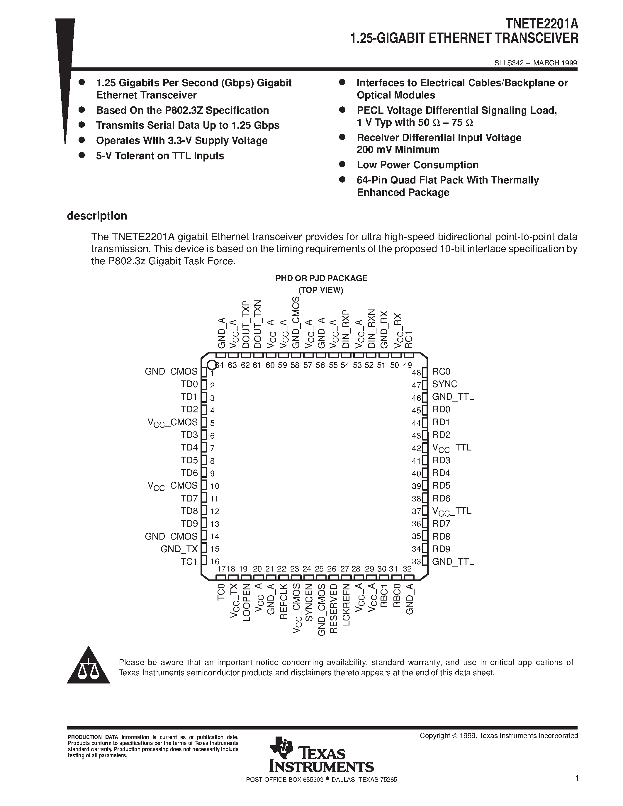 Datasheet TNETE2201A - 1.25-GIGABIT ETHERNET TRANSCEIVER page 1