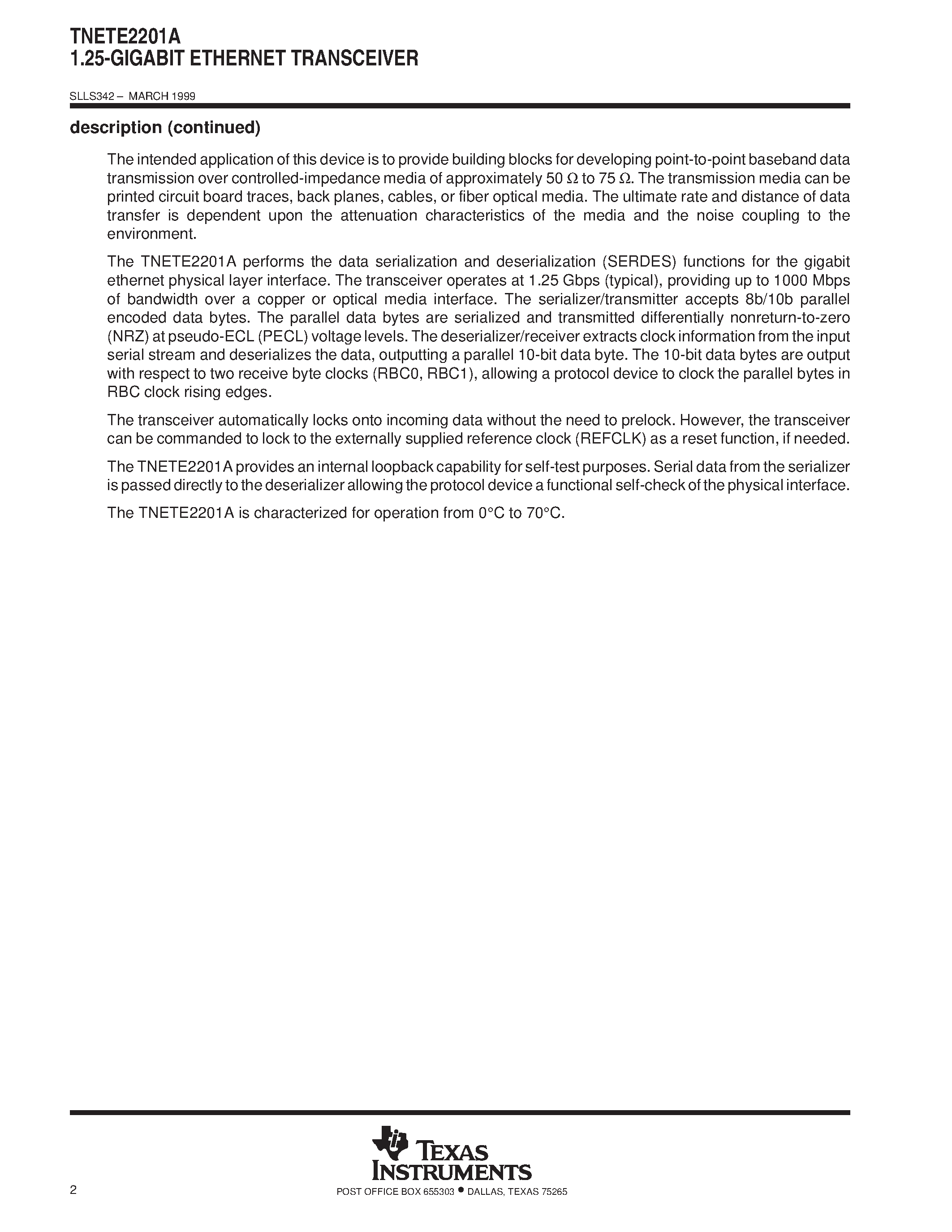 Datasheet TNETE2201A - 1.25-GIGABIT ETHERNET TRANSCEIVER page 2