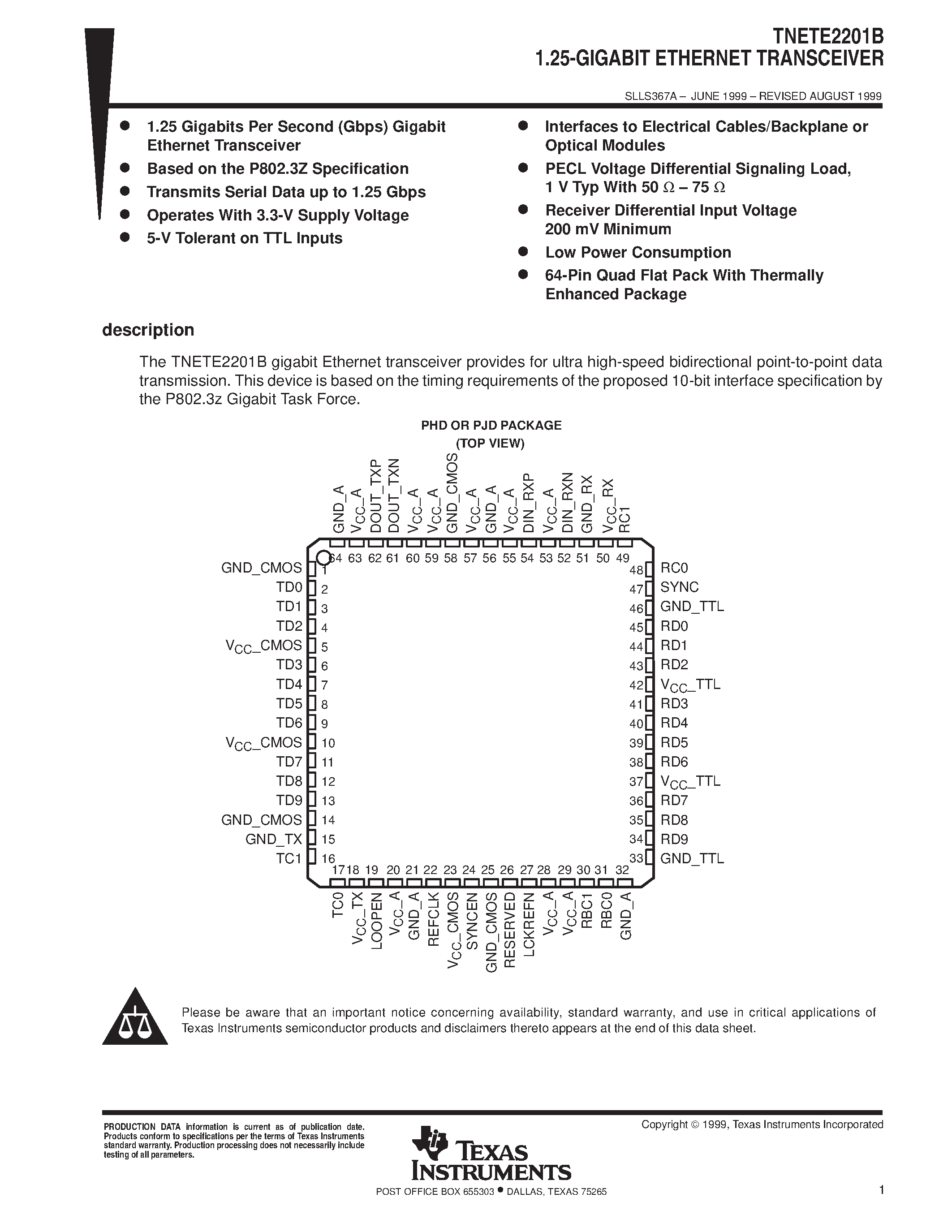 Datasheet TNETE2201B - 1.25-GIGABIT ETHERNET TRANSCEIVER page 1