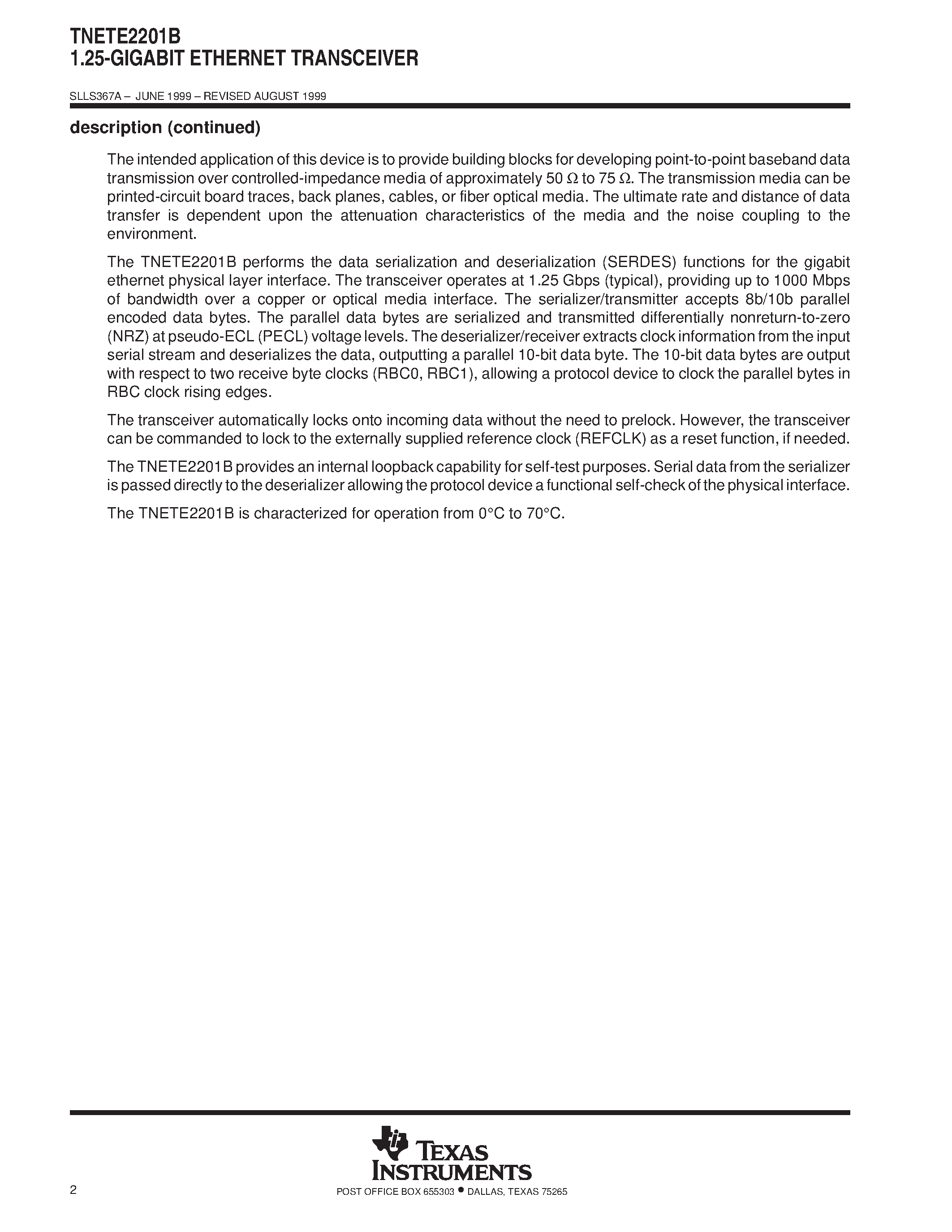 Datasheet TNETE2201B - 1.25-GIGABIT ETHERNET TRANSCEIVER page 2