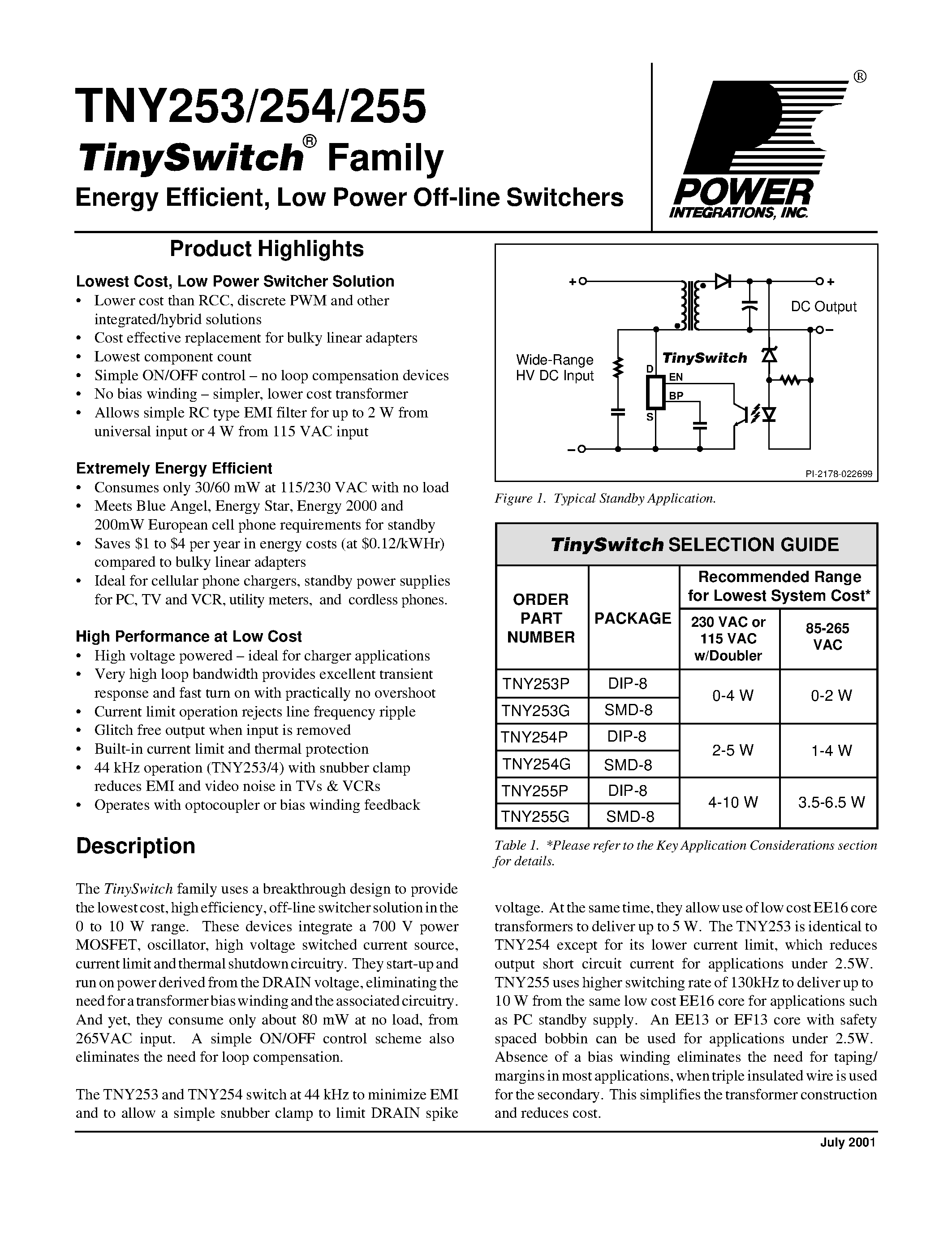 Даташит на микросхему TNY254 страница 1 Даташит TNY254 - TinySwitch Family Energy Efficient/ Low Power Off-line Switchers страница 1