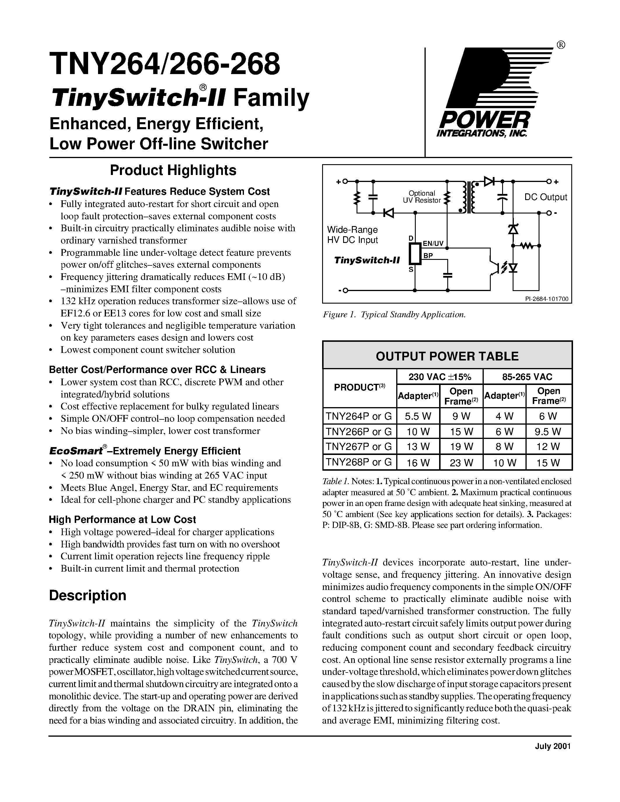 Даташит на микросхему TNY264 страница 1 Даташит TNY264 - Enhanced/ Energy Efficient/ Low Power Off-line Switcher страница 1