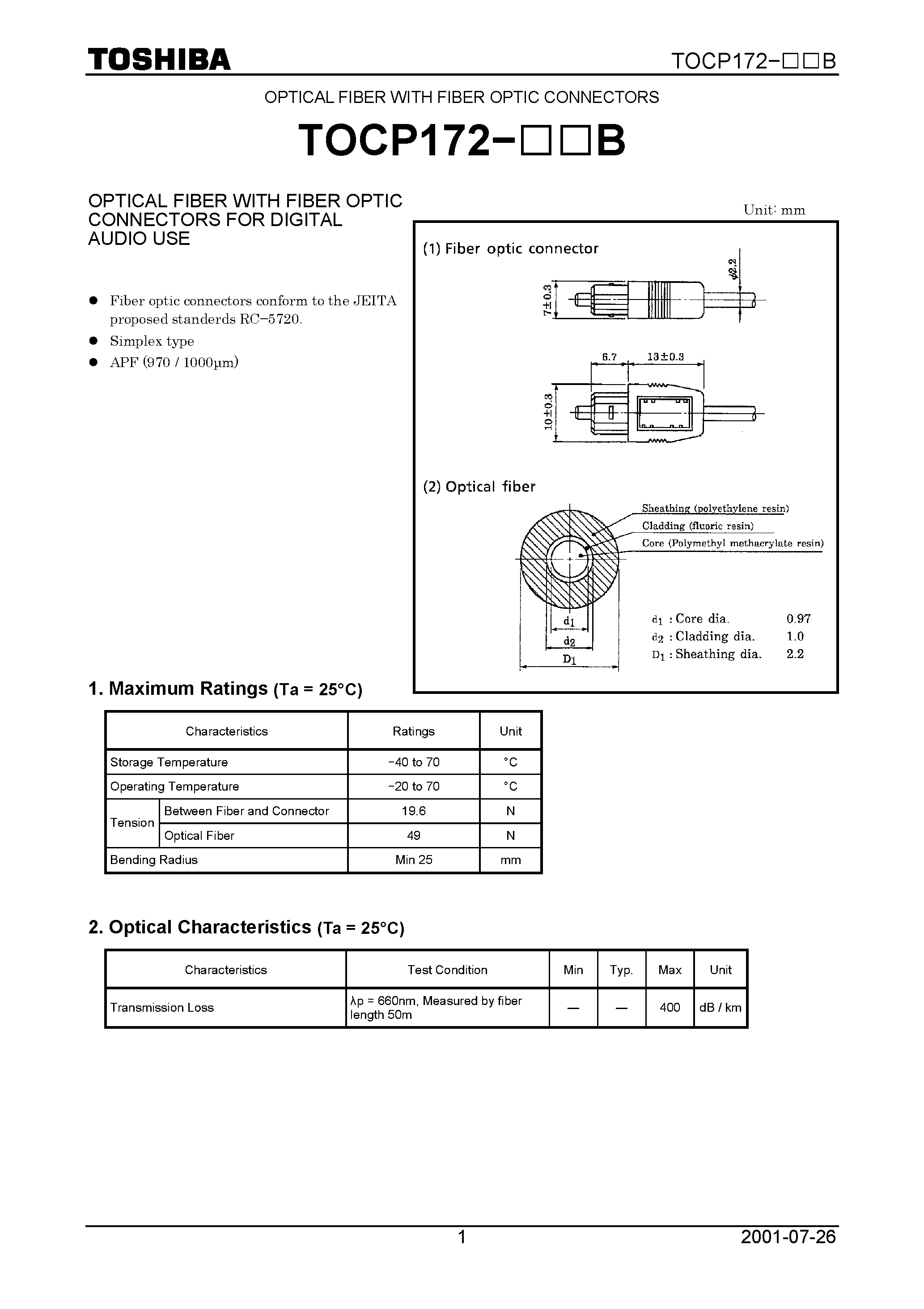 Datasheet TOCP172 - OPTICAL FIBER WITH FIBER OPTIC CONNECTORS FOR DIGITAL AUDIO USE page 1