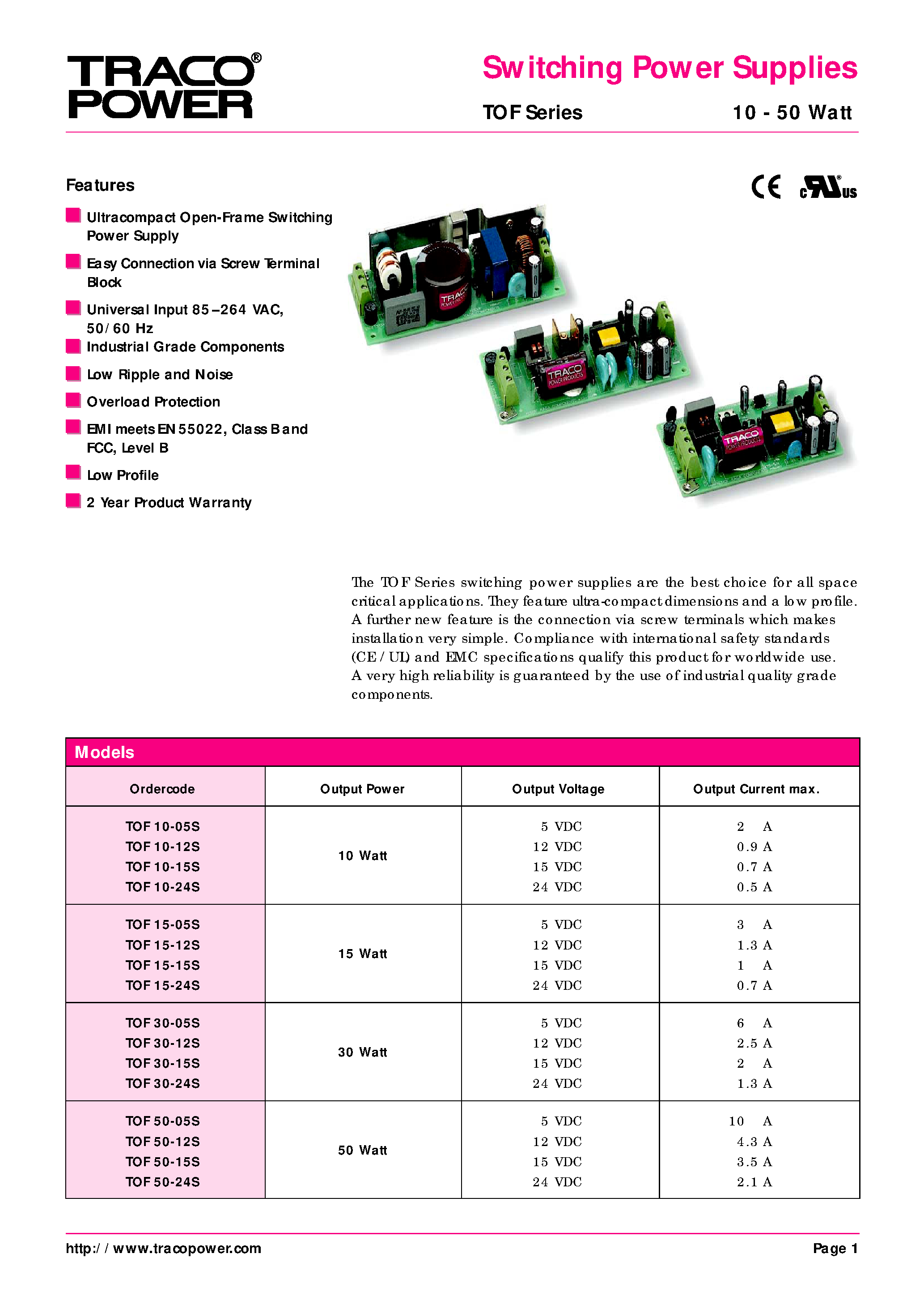 Datasheet TOF15-05S page 1 Datasheet TOF15-05S - Switching Power Supplies page 1