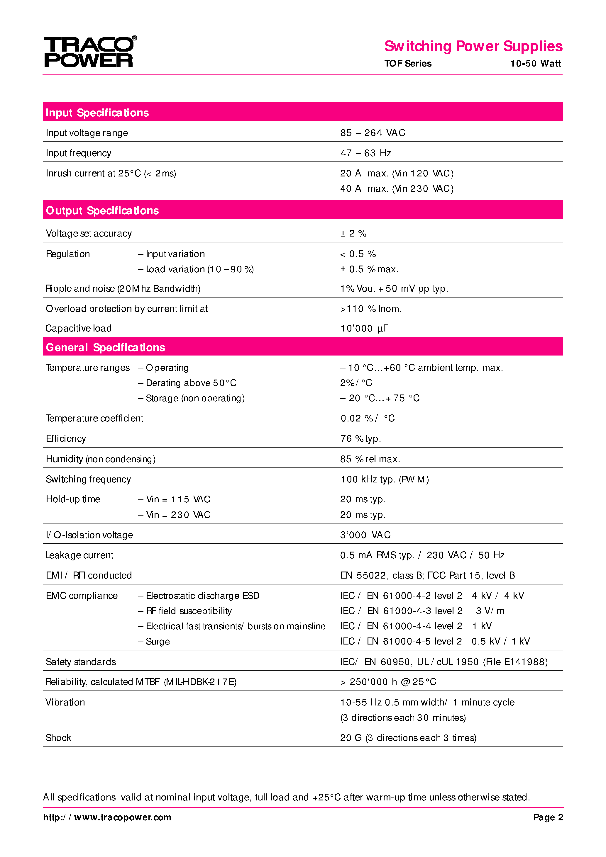 Datasheet TOF50-05S page 2 Datasheet TOF50-05S - Switching Power Supplies page 2