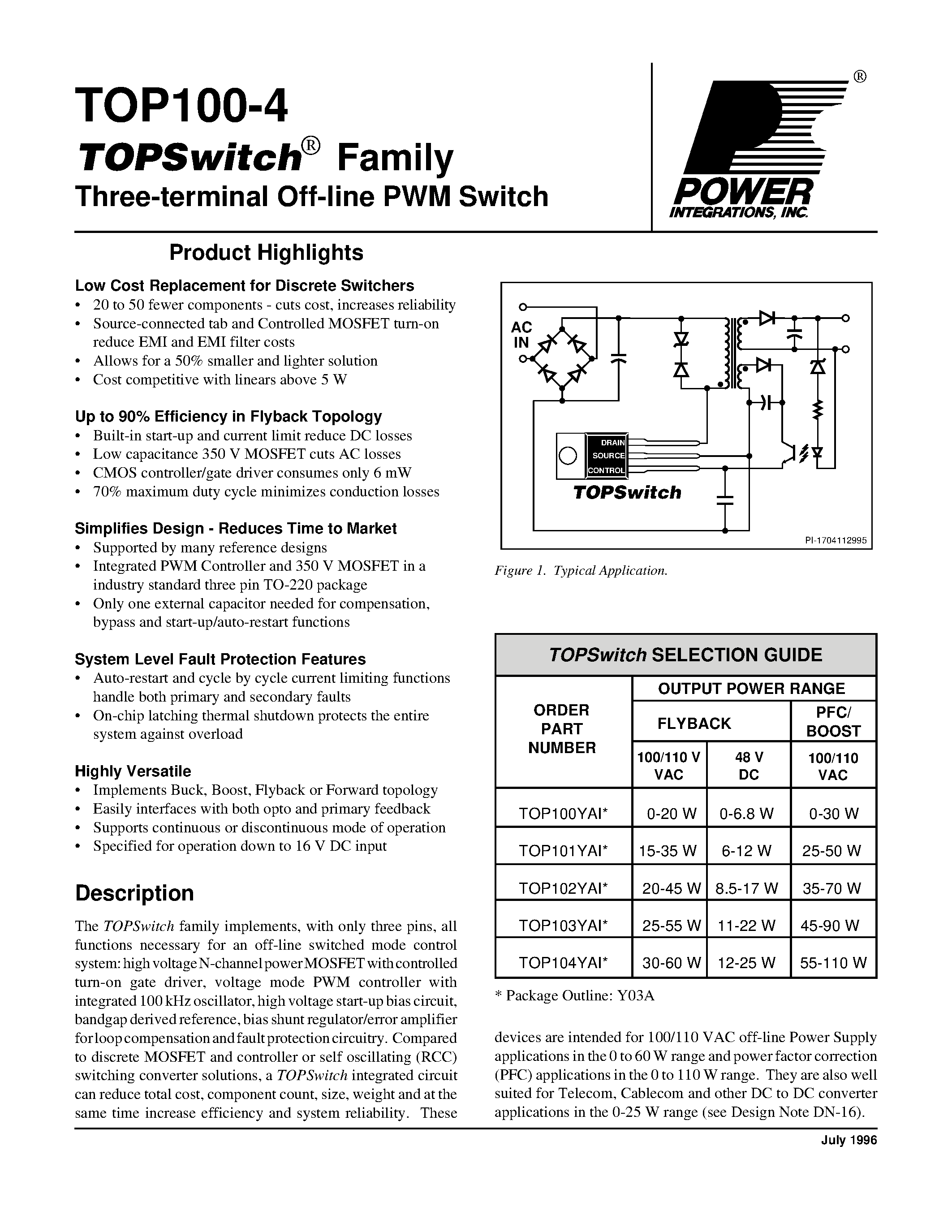 Datasheet TOP104YAI page 1 Datasheet TOP104YAI - Three-terminal Off-line PWM Switch page 1