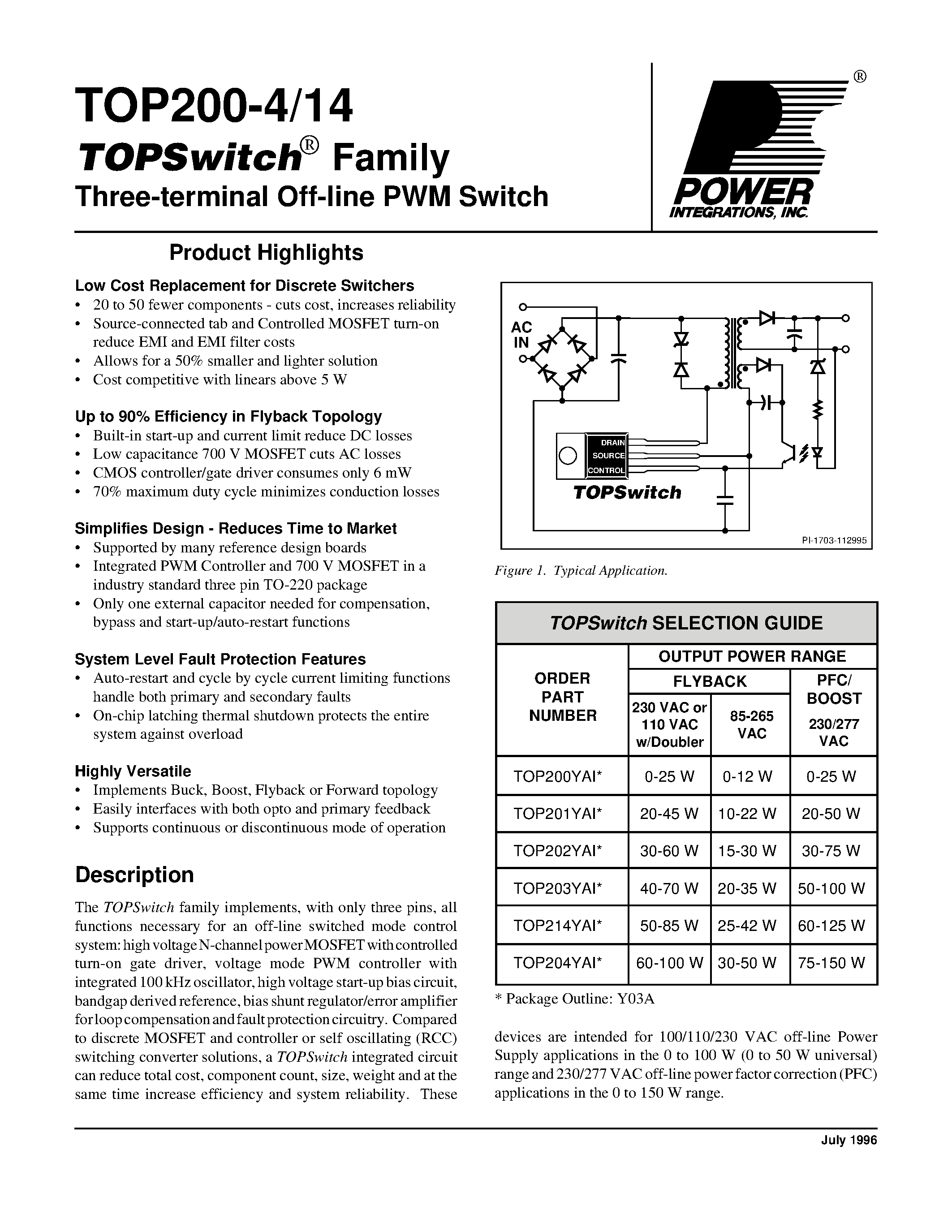 Datasheet TOP203YAI page 1 Datasheet TOP203YAI - Three-terminal Off-line PWM Switch page 1