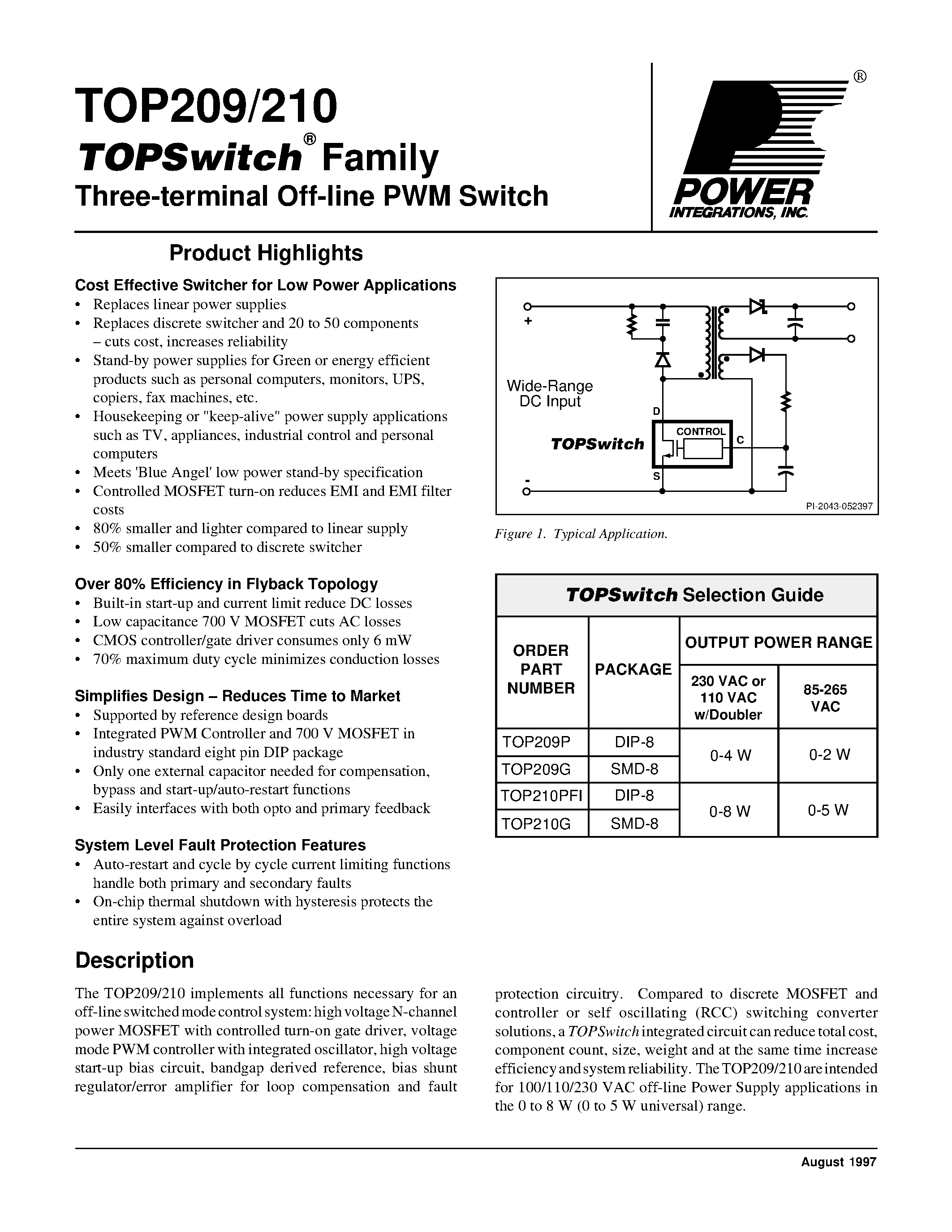 Datasheet TOP209 - Three-terminal Off-line PWM Switch page 1