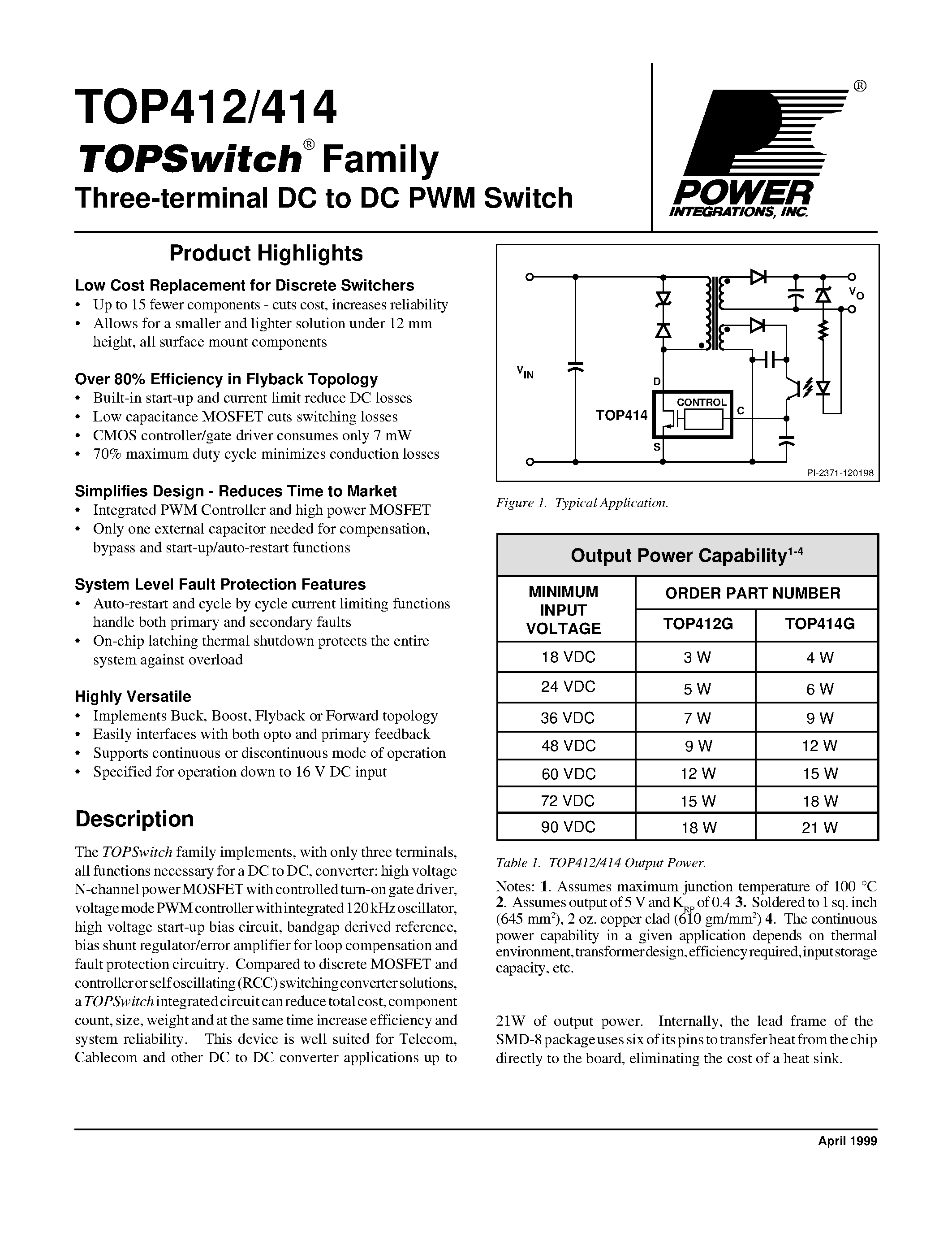 Datasheet TOP414 - Three-terminal DC to DC PWM Switch page 1