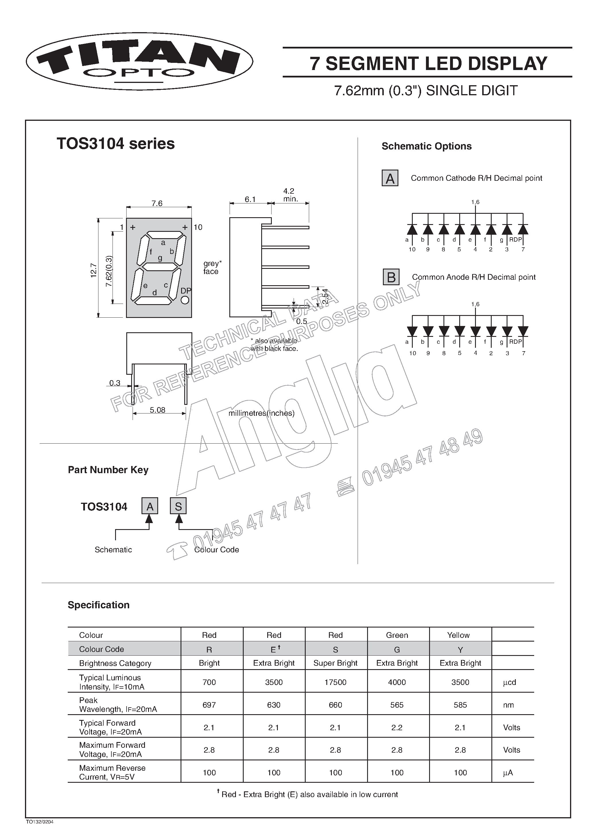 Datasheet TOS3104 - 7 SEGMENT LED DISPLAY page 1