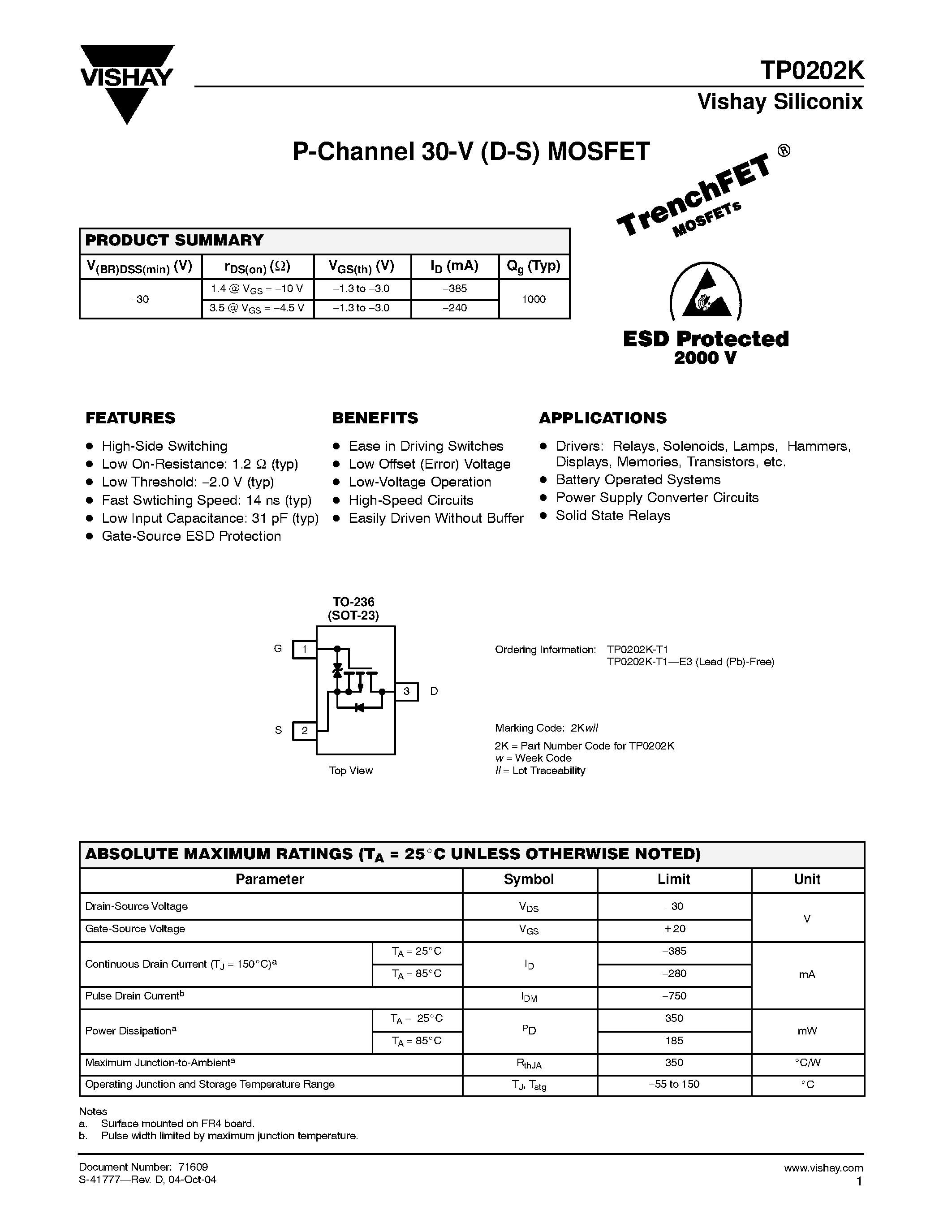 Datasheet TP0202K-T1 - P-Channel 30-V (D-S) MOSFET page 1