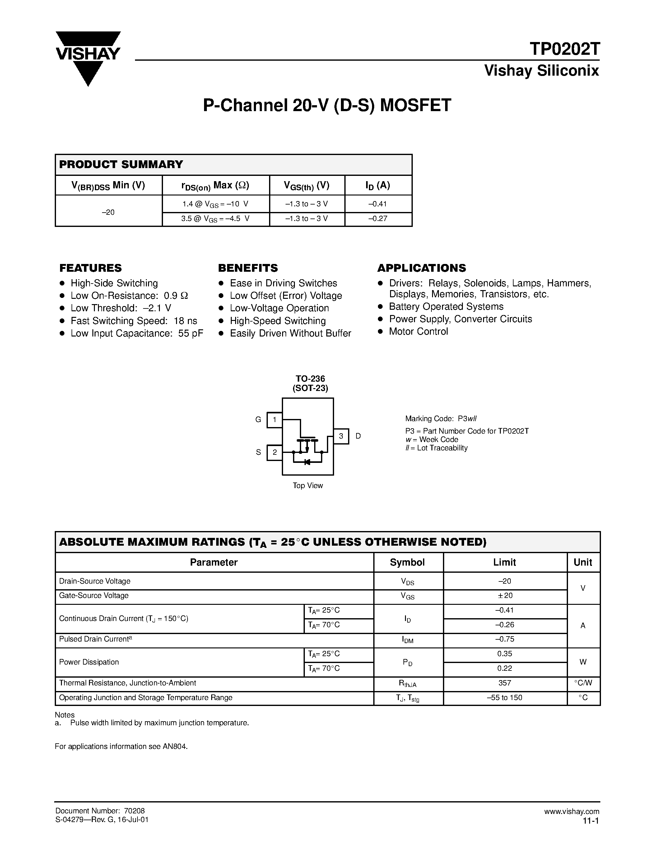 Datasheet TP0202T - P-Channel 20-V (D-S) MOSFET page 1