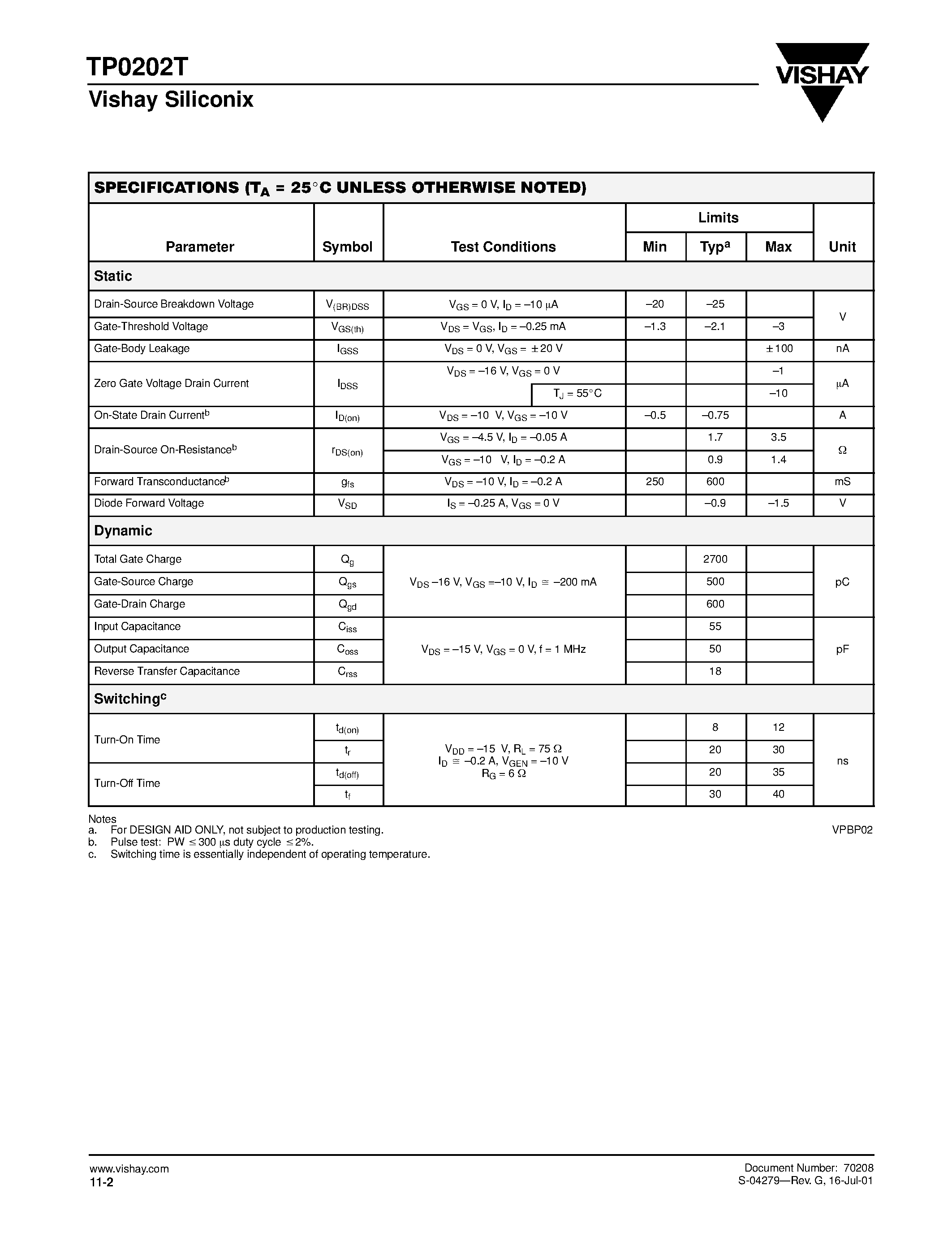Datasheet TP0202T page 2 Datasheet TP0202T - P-Channel 20-V (D-S) MOSFET page 2