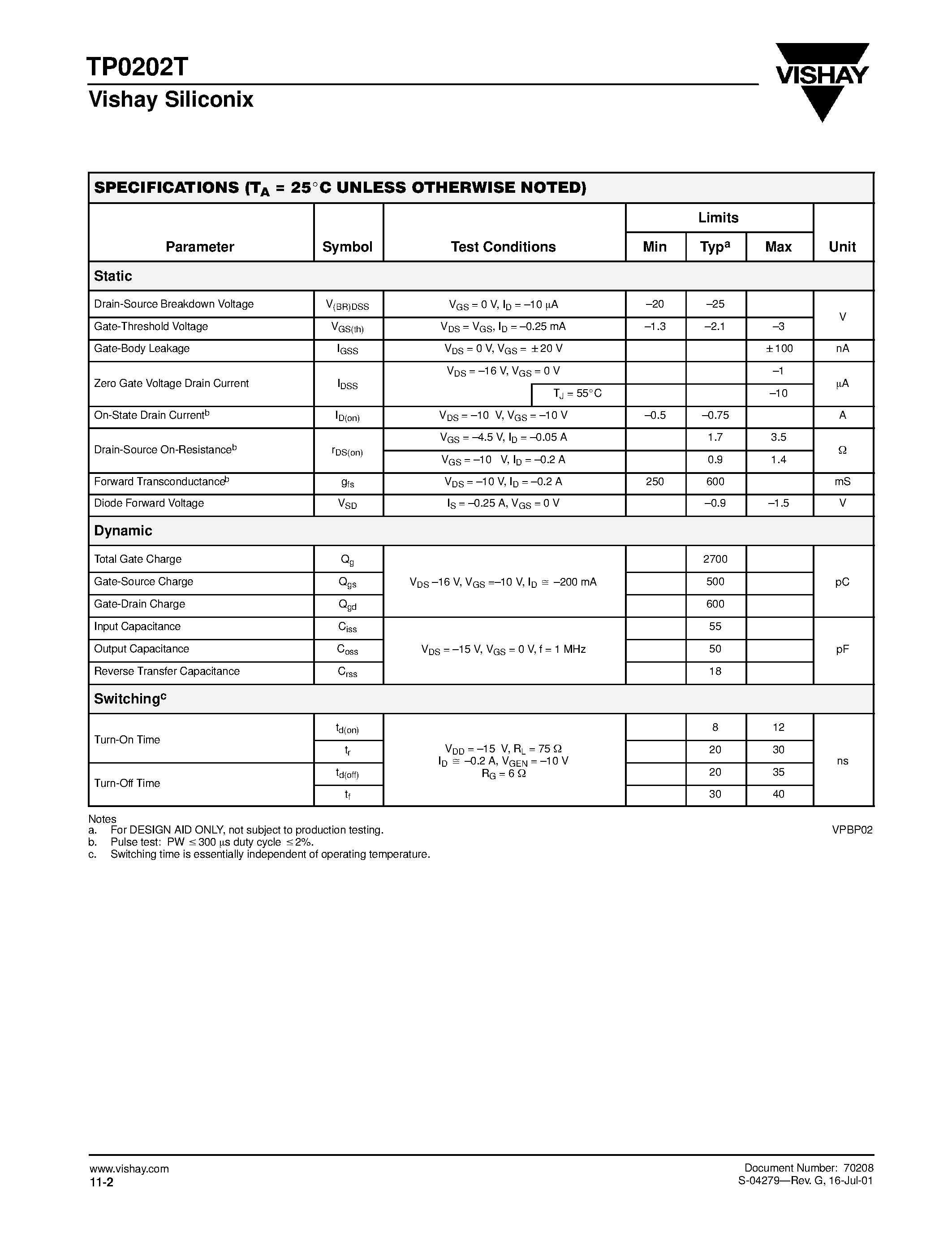 Datasheet TP0202T - P-Channel 20-V (D-S) MOSFET page 2