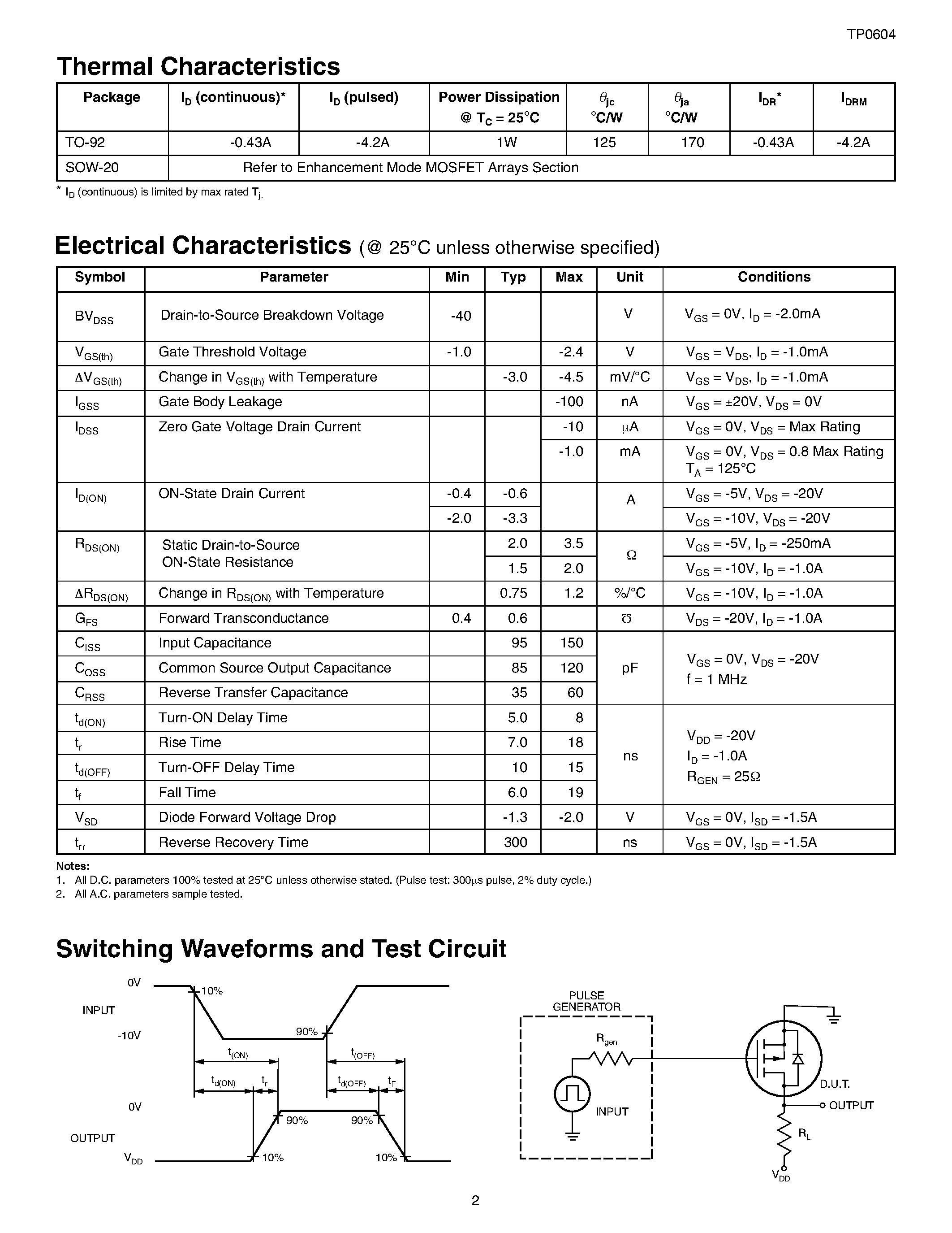 Datasheet TP0604 - P-Channel Enhancement-Mode Vertical DMOS FETs page 2