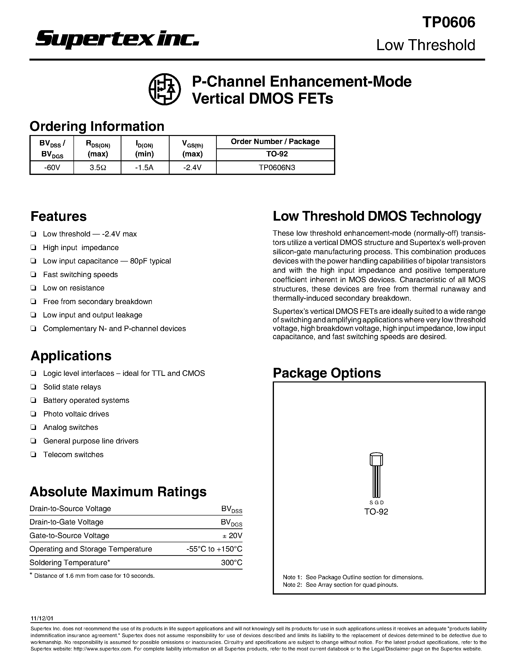 Datasheet TP0606 page 1 Datasheet TP0606 - P-Channel Enhancement-Mode Vertical DMOS FETs page 1