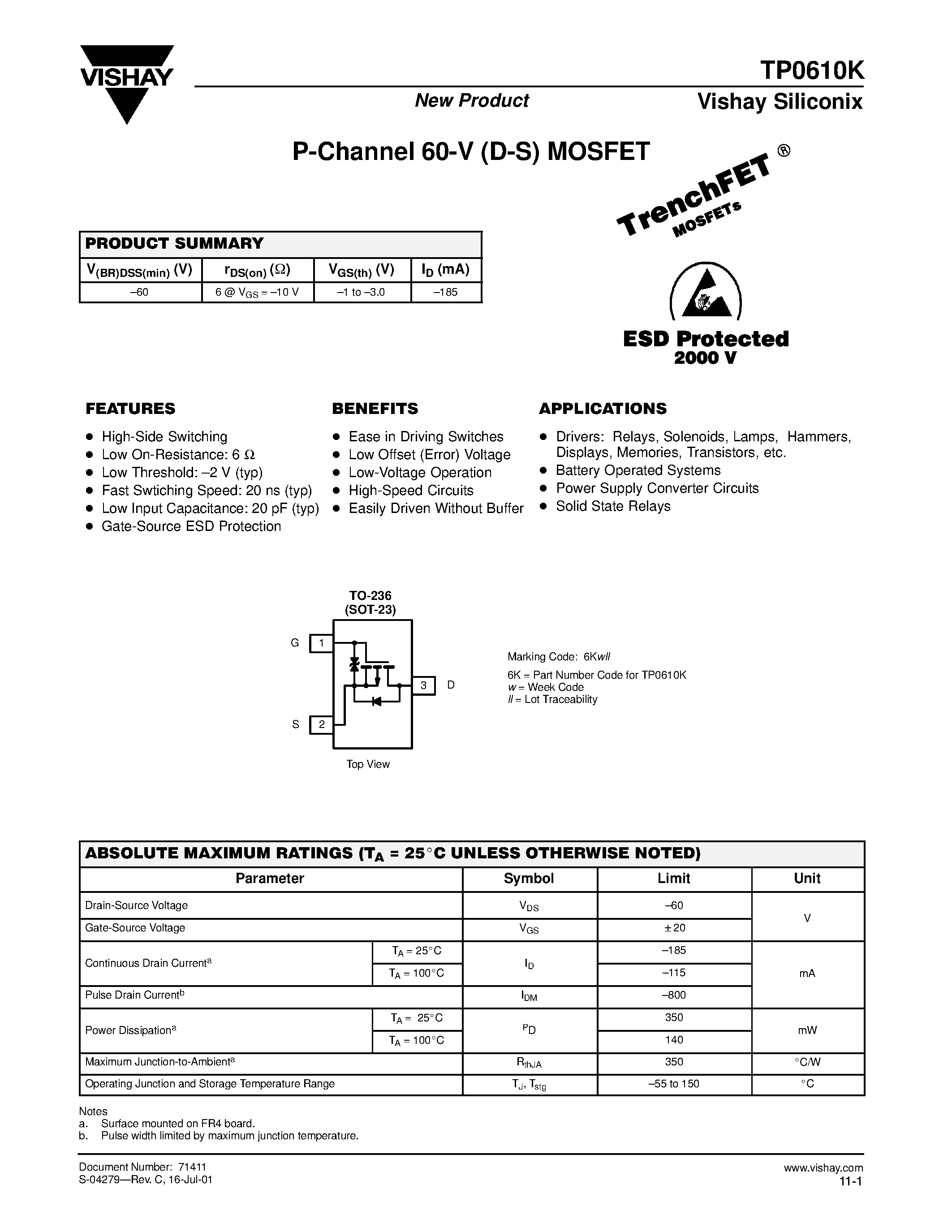 Datasheet TP0610K - P-Channel 60-V (D-S) MOSFET page 1