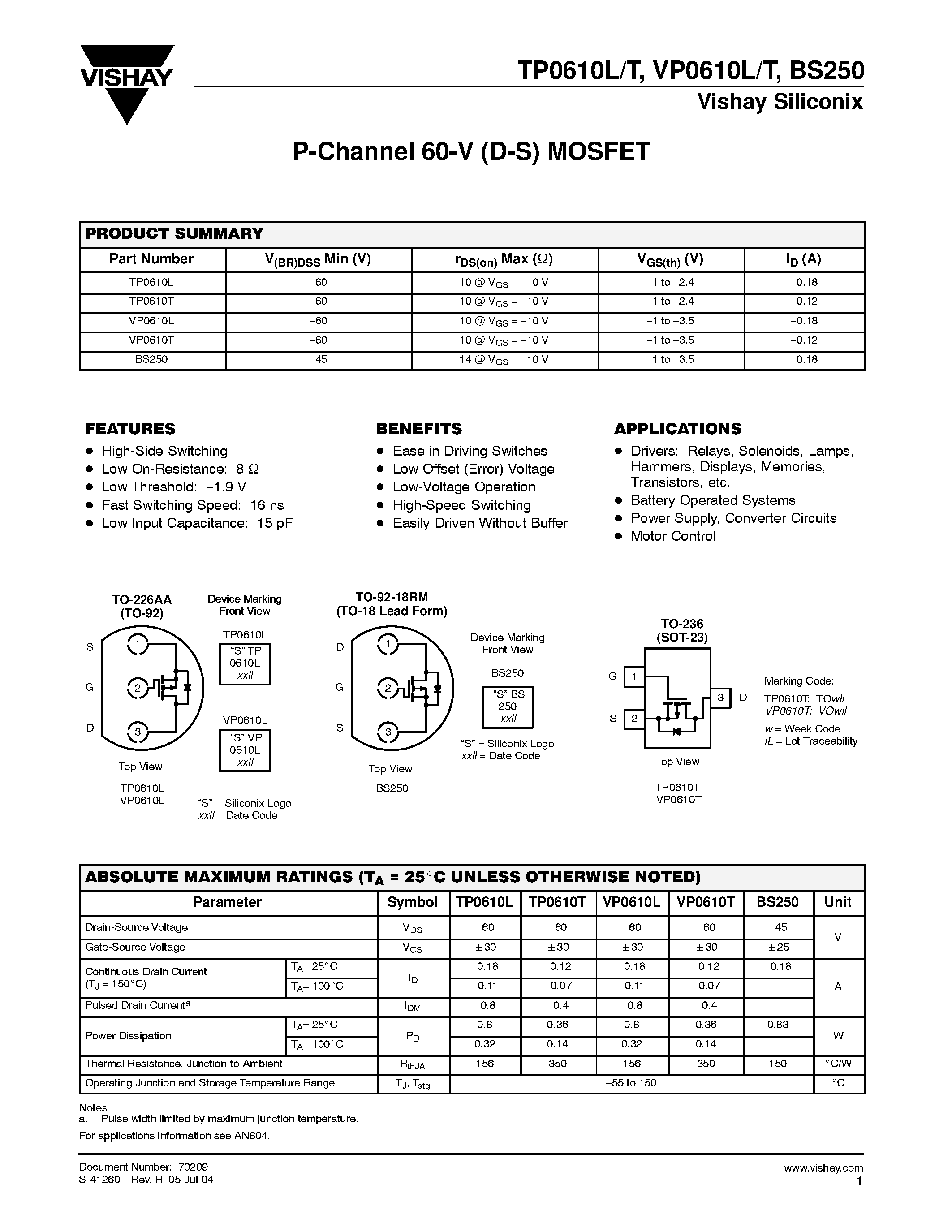 Datasheet TP0610L - P-Channel 60-V (D-S) MOSFET page 1