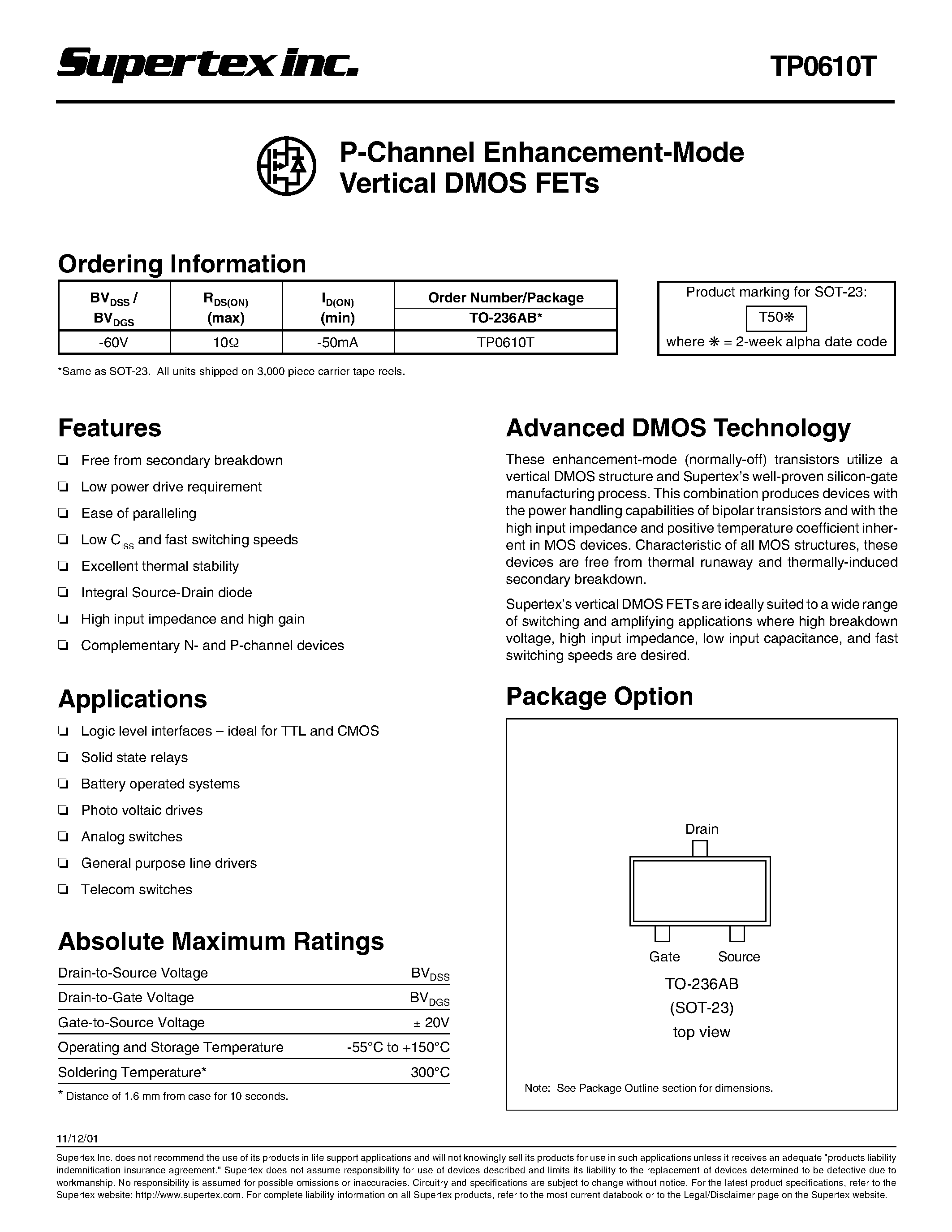 Datasheet TP0610T page 1 Datasheet TP0610T - P-Channel Enhancement-Mode Vertical DMOS FETs page 1