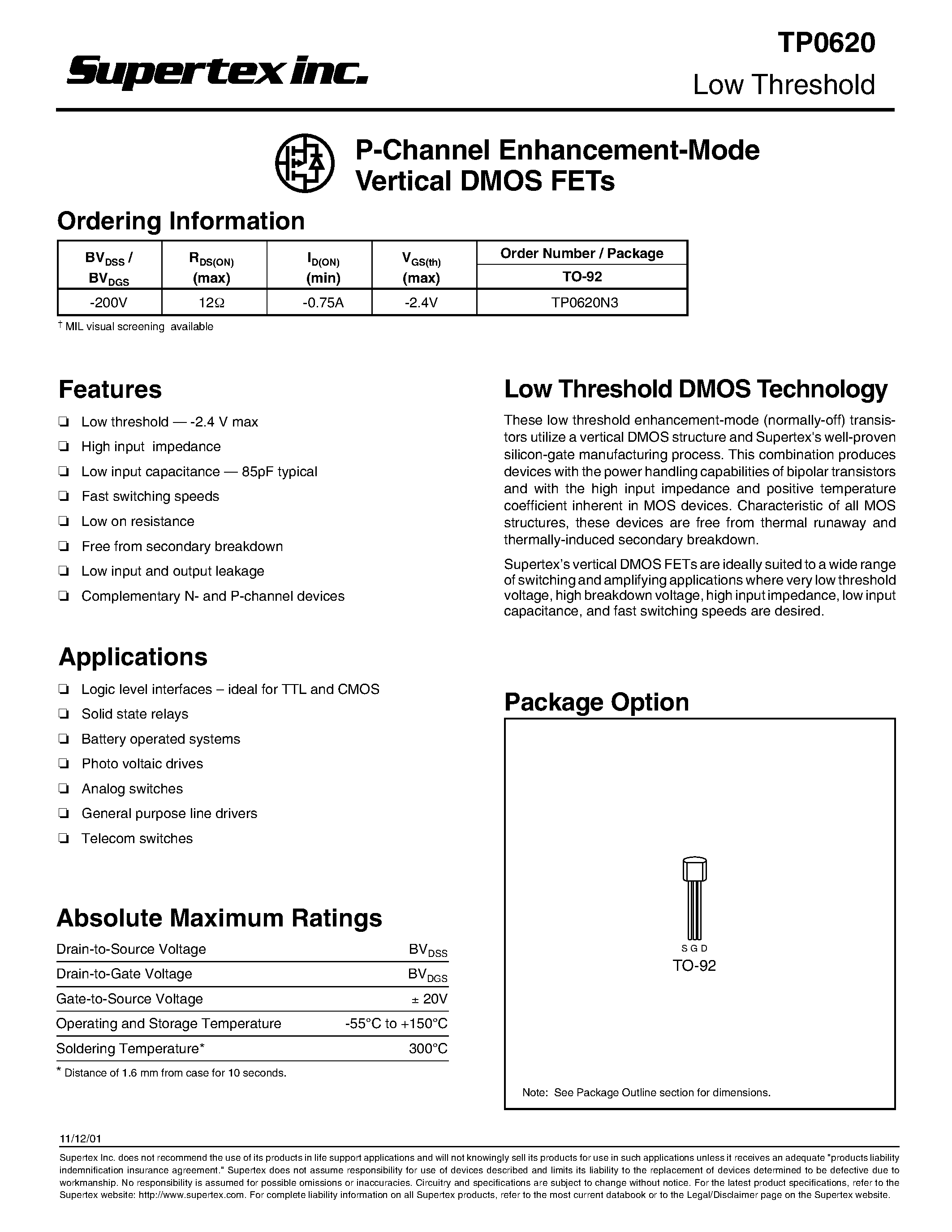 Datasheet TP0620 - P-Channel Enhancement-Mode Vertical DMOS FETs page 1