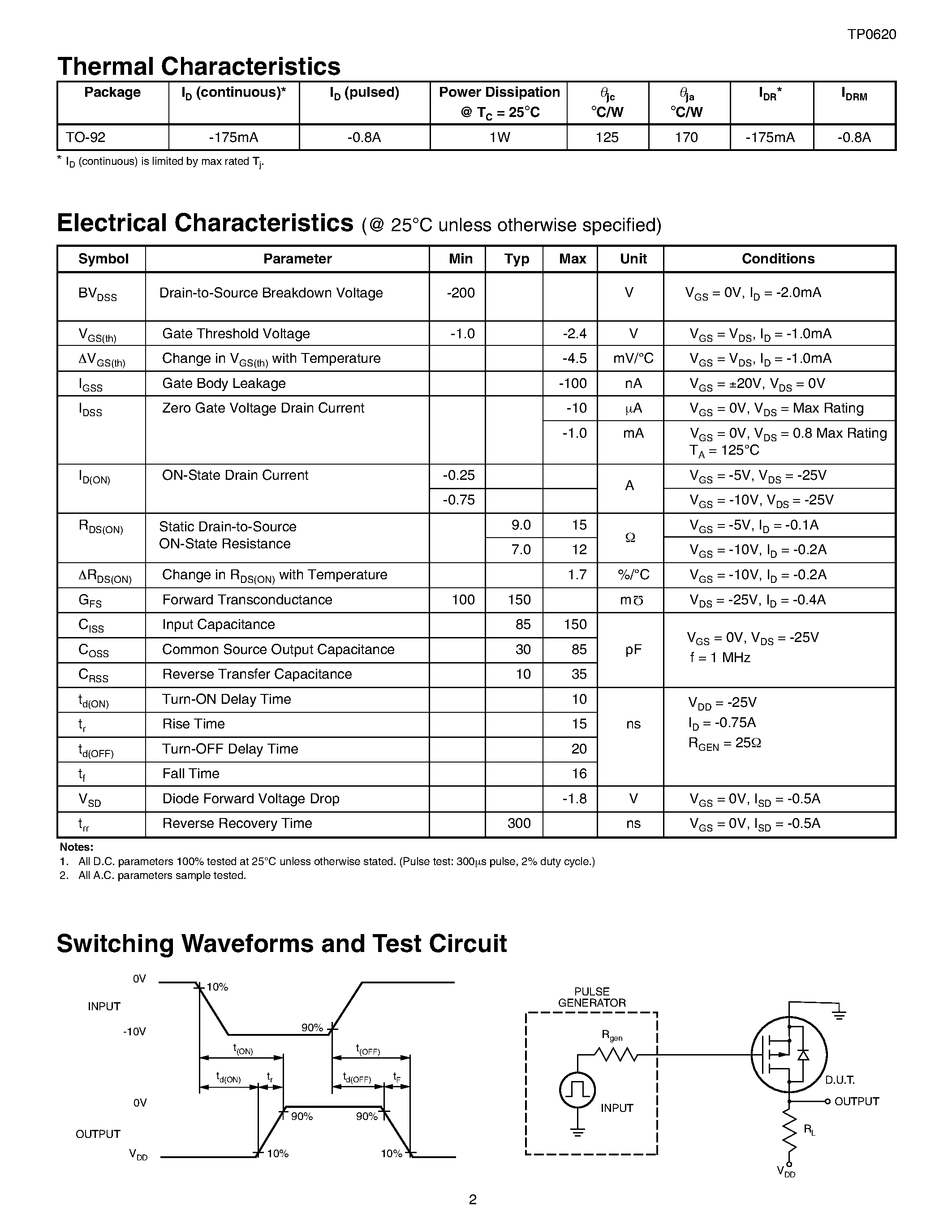 Datasheet TP0620 - P-Channel Enhancement-Mode Vertical DMOS FETs page 2