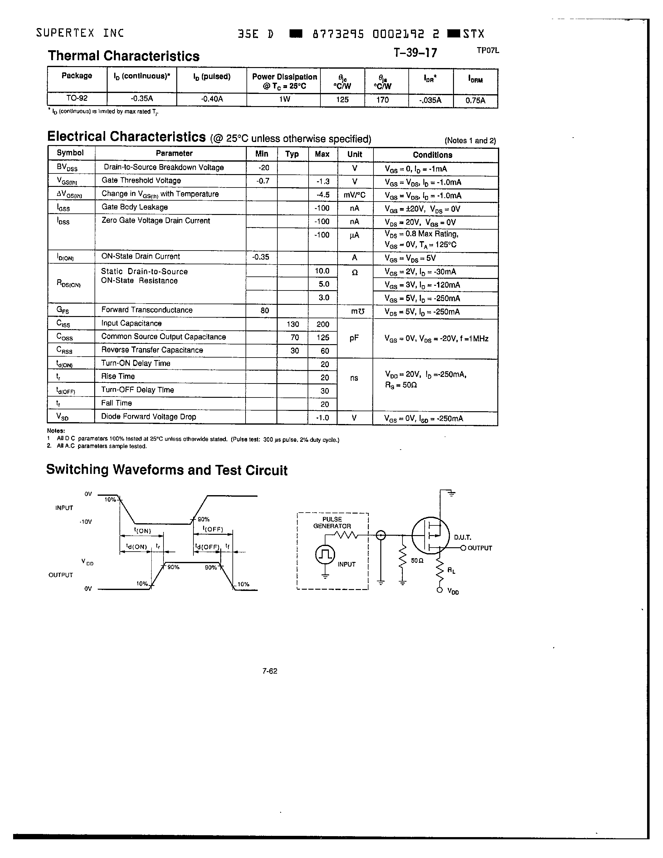 Datasheet TP0702N3 - P-Channel Enhancement-Mode Vertical DMOS FETs page 2