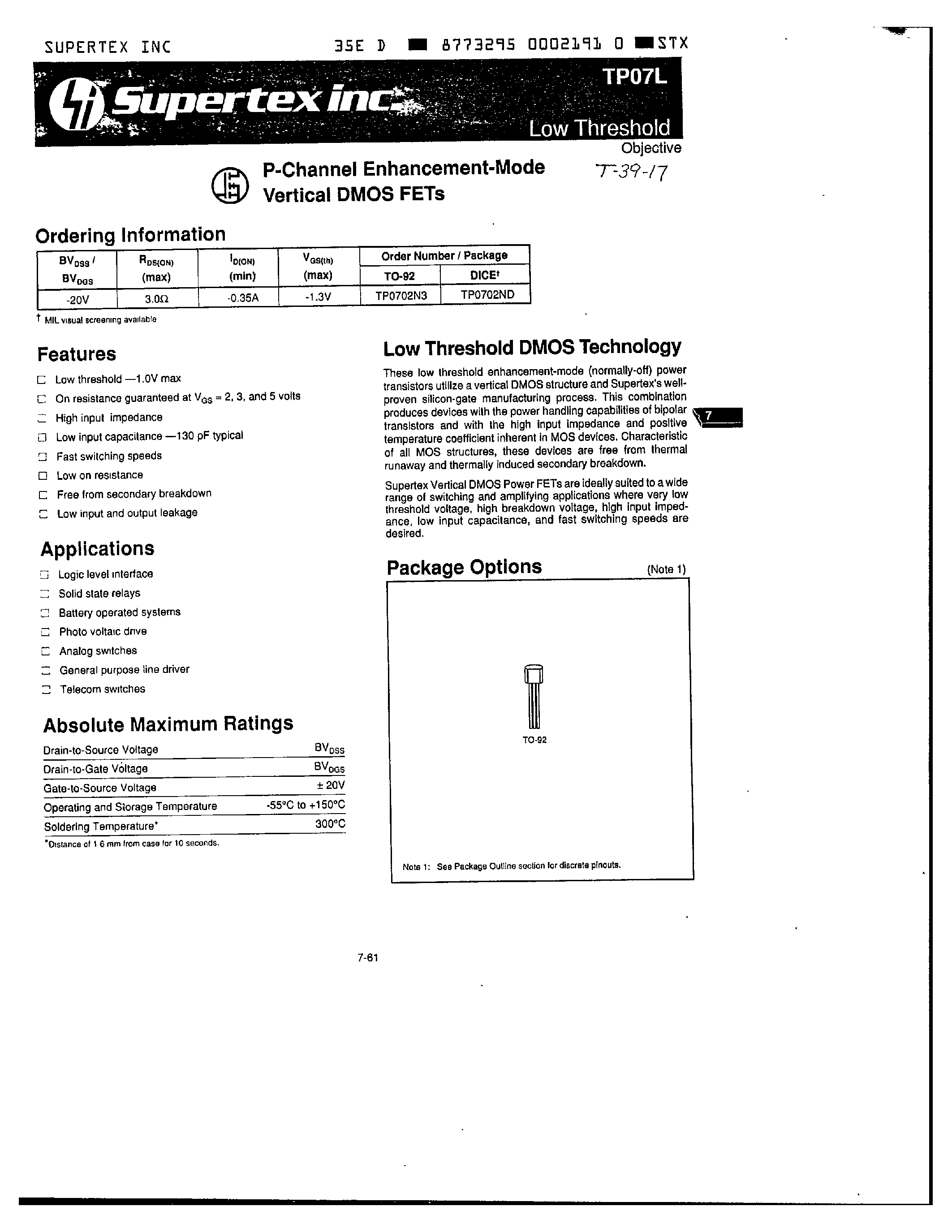 Datasheet TP0702ND - P-Channel Enhancement-Mode Vertical DMOS FETs page 1
