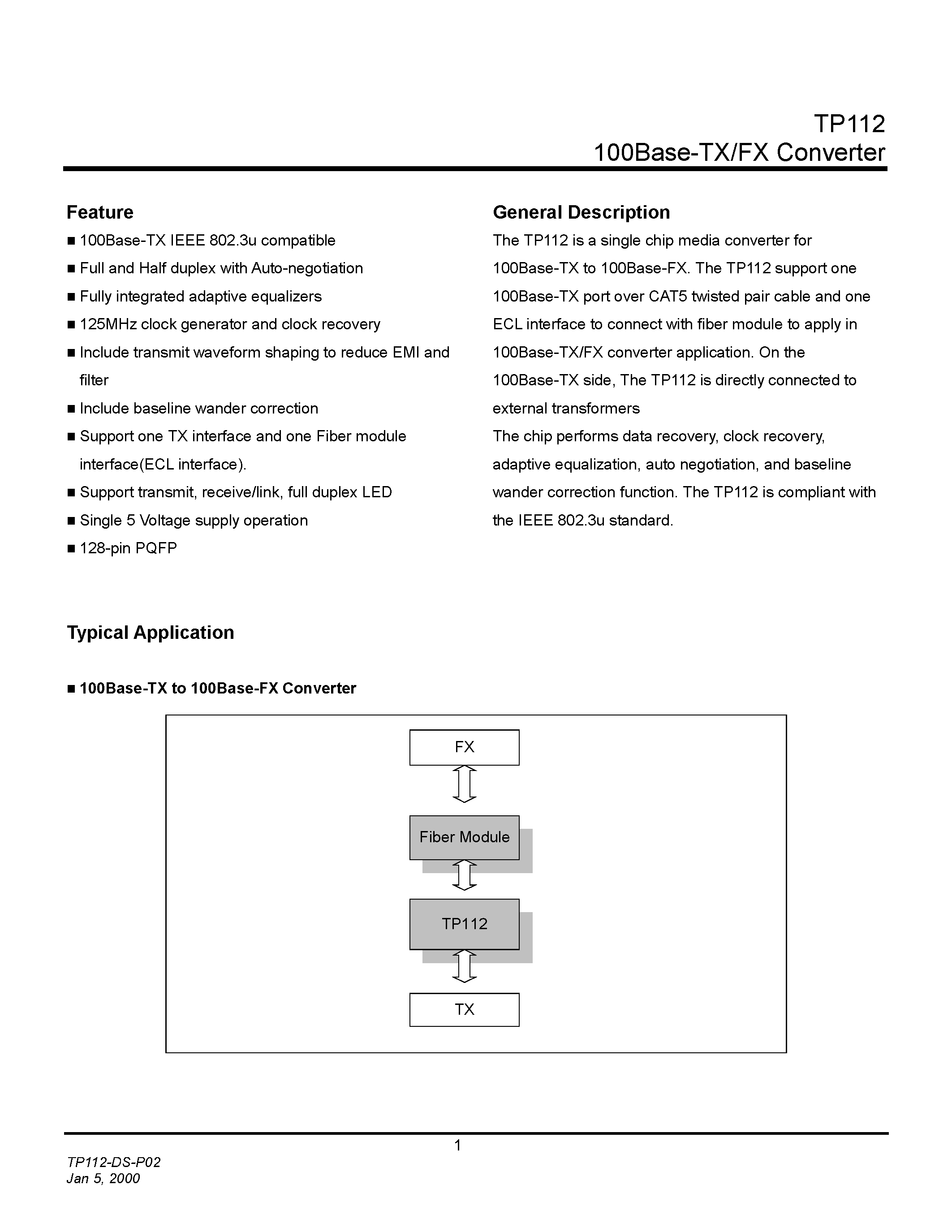 Даташит TP112-100Base-TX/FX Converter страница 1