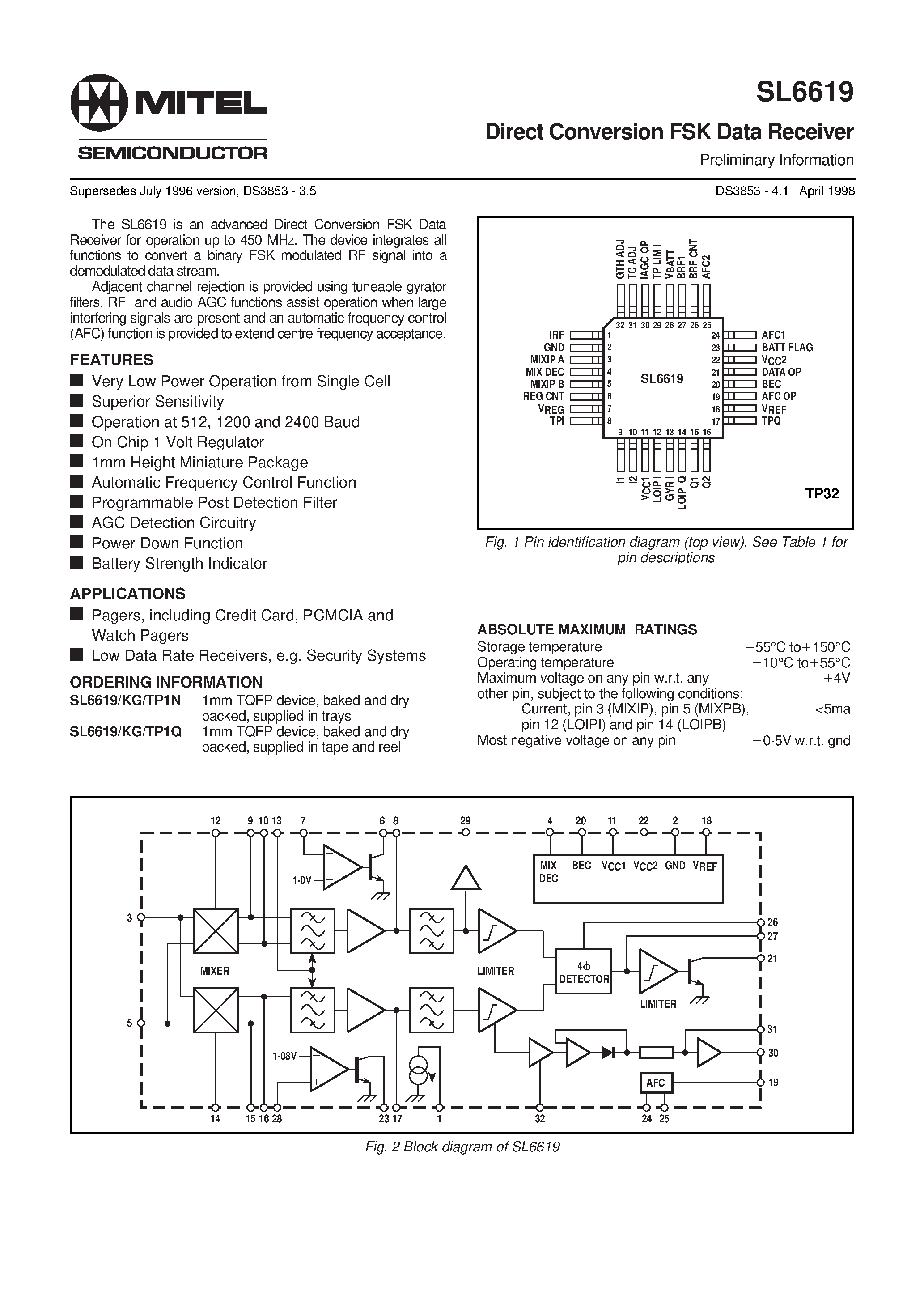 Datasheet TP1N page 1 Datasheet TP1N - Direct Conversion FSK Data Receiver page 1