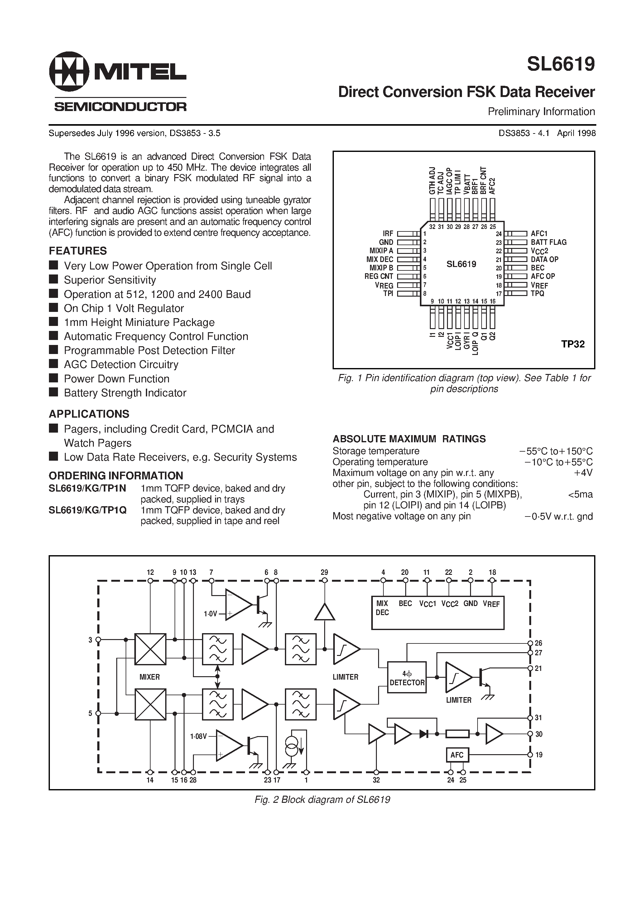 Datasheet TP1N - Direct Conversion FSK Data Receiver page 1