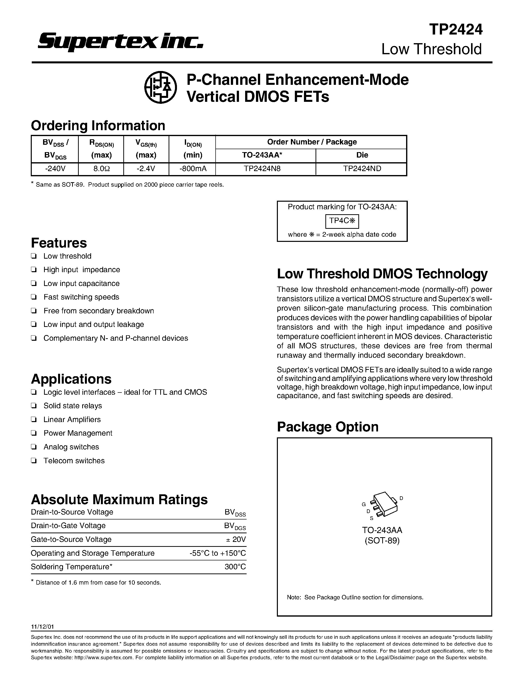Datasheet TP2424N8 page 1 Datasheet TP2424N8 - P-Channel Enhancement-Mode Vertical DMOS FETs page 1
