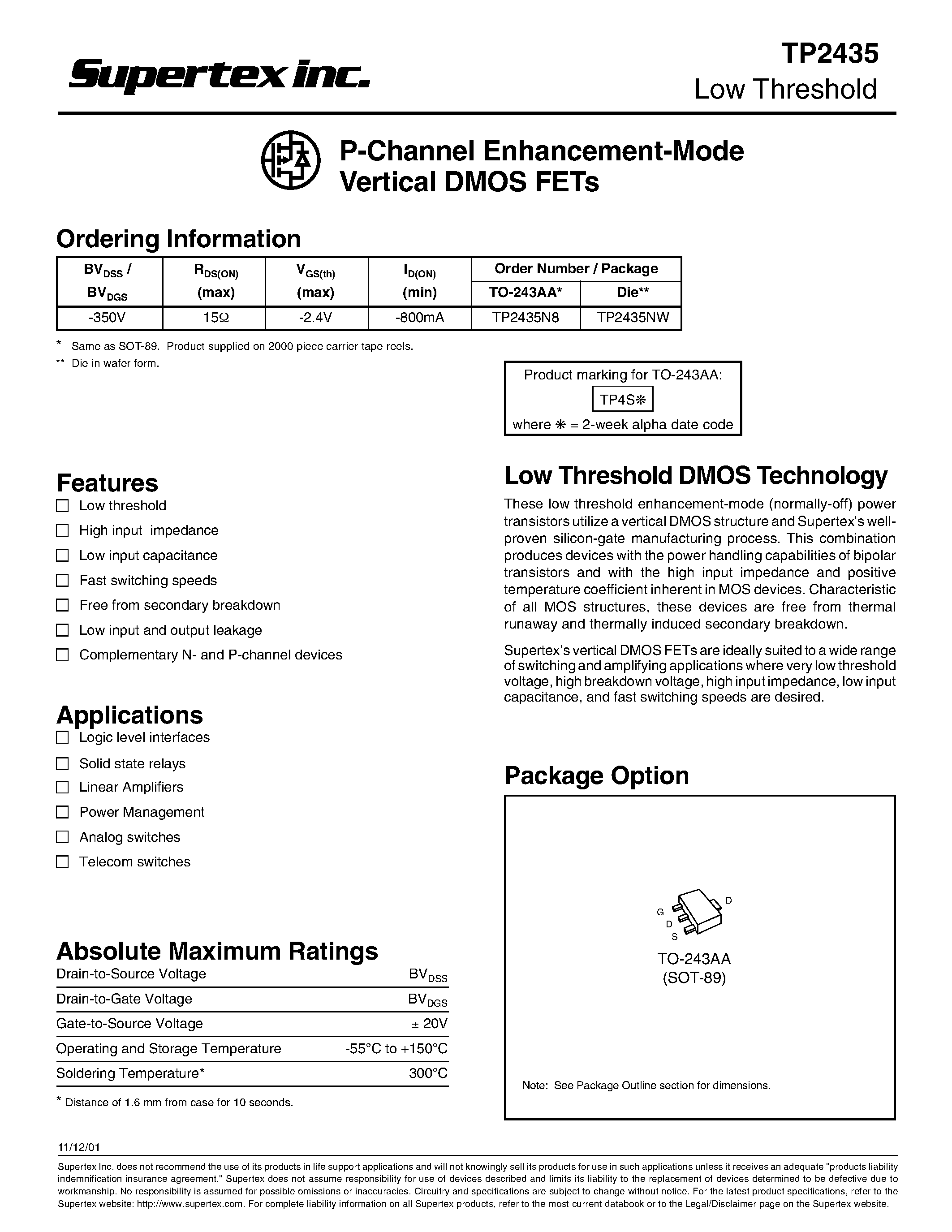Datasheet TP2435 page 1 Datasheet TP2435 - P-Channel Enhancement-Mode Vertical DMOS FETs page 1