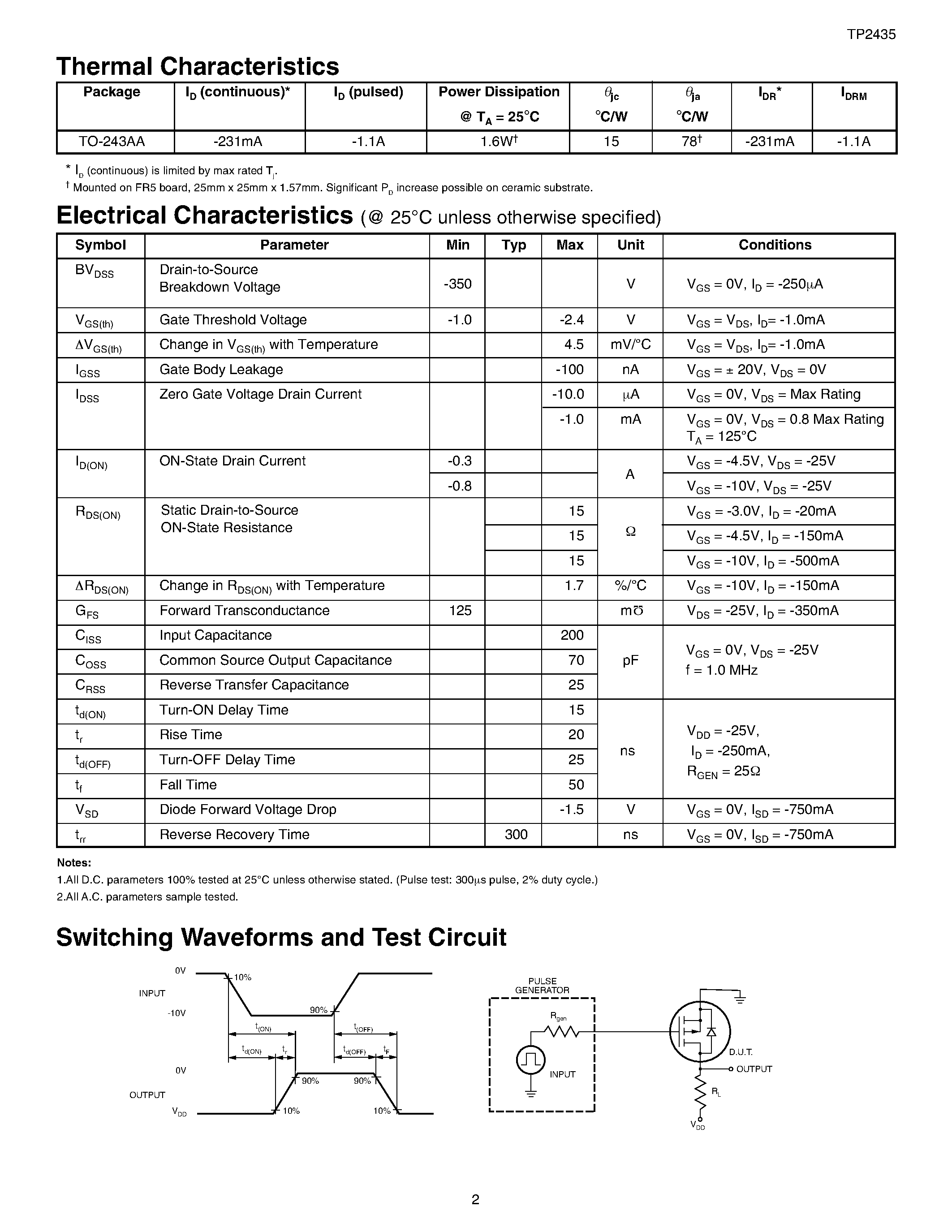 Datasheet TP2435NW page 2 Datasheet TP2435NW - P-Channel Enhancement-Mode Vertical DMOS FETs page 2
