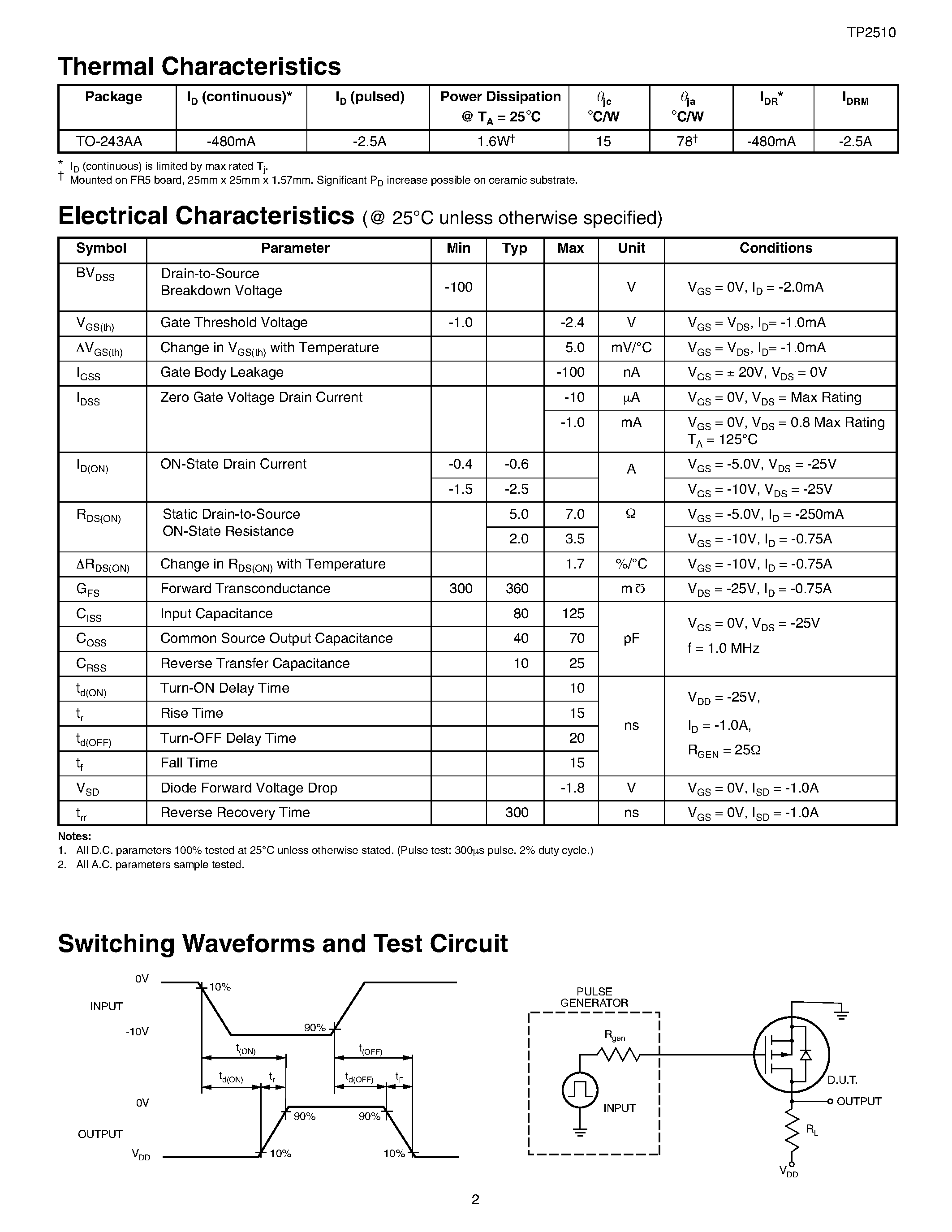 Datasheet TP2510N8 page 2 Datasheet TP2510N8 - P-Channel Enhancement-Mode Vertical DMOS FETs page 2