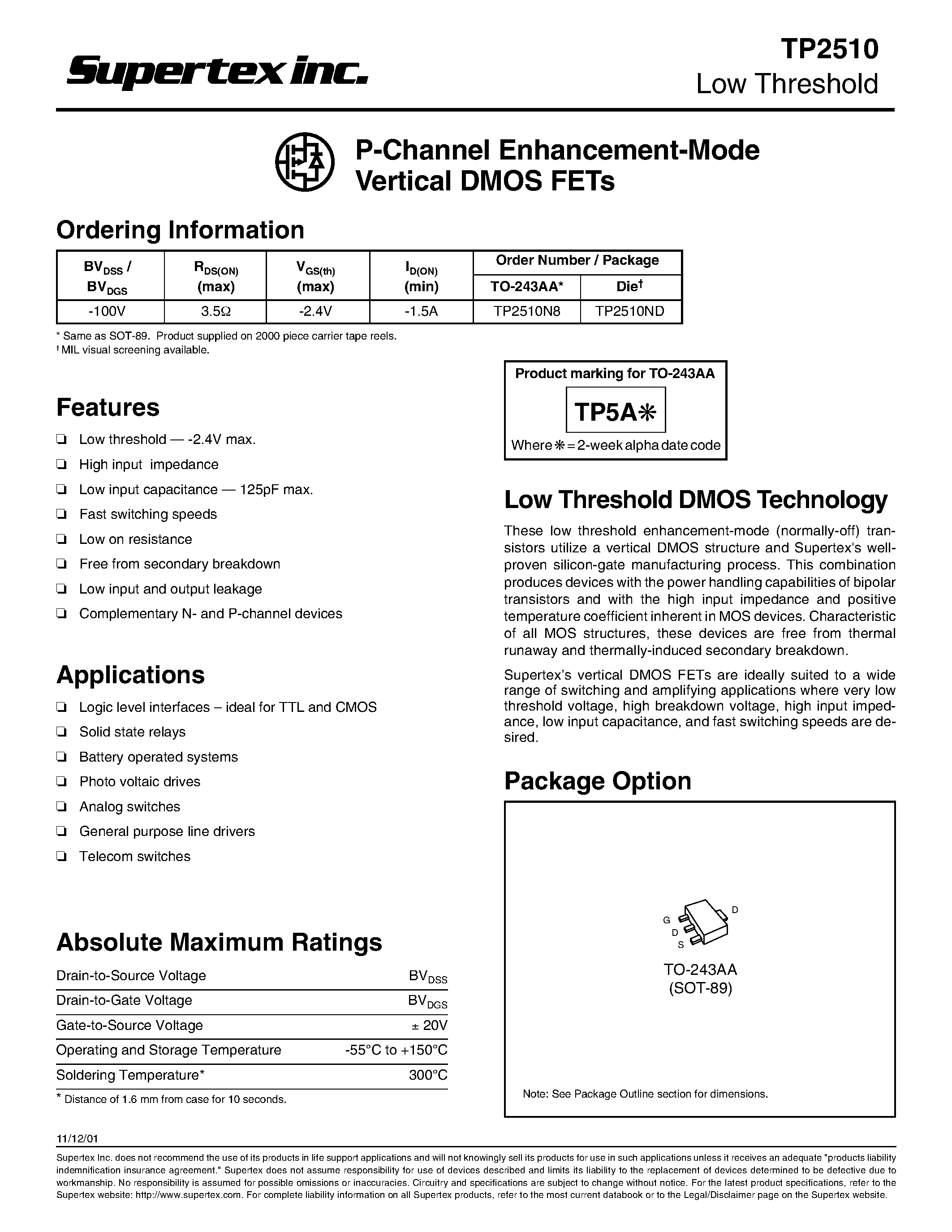 Datasheet TP2510ND page 1 Datasheet TP2510ND - P-Channel Enhancement-Mode Vertical DMOS FETs page 1