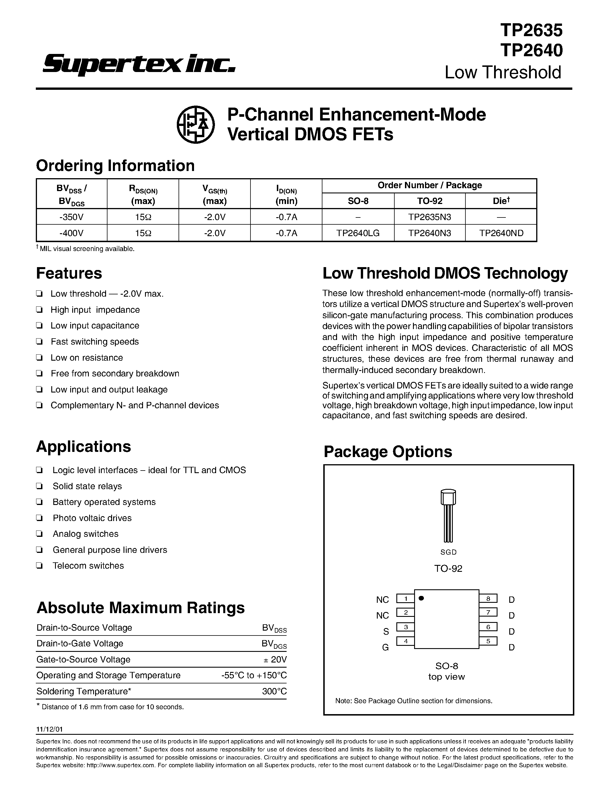 Datasheet TP2635N3 page 1 Datasheet TP2635N3 - P-Channel Enhancement-Mode Vertical DMOS FETs page 1