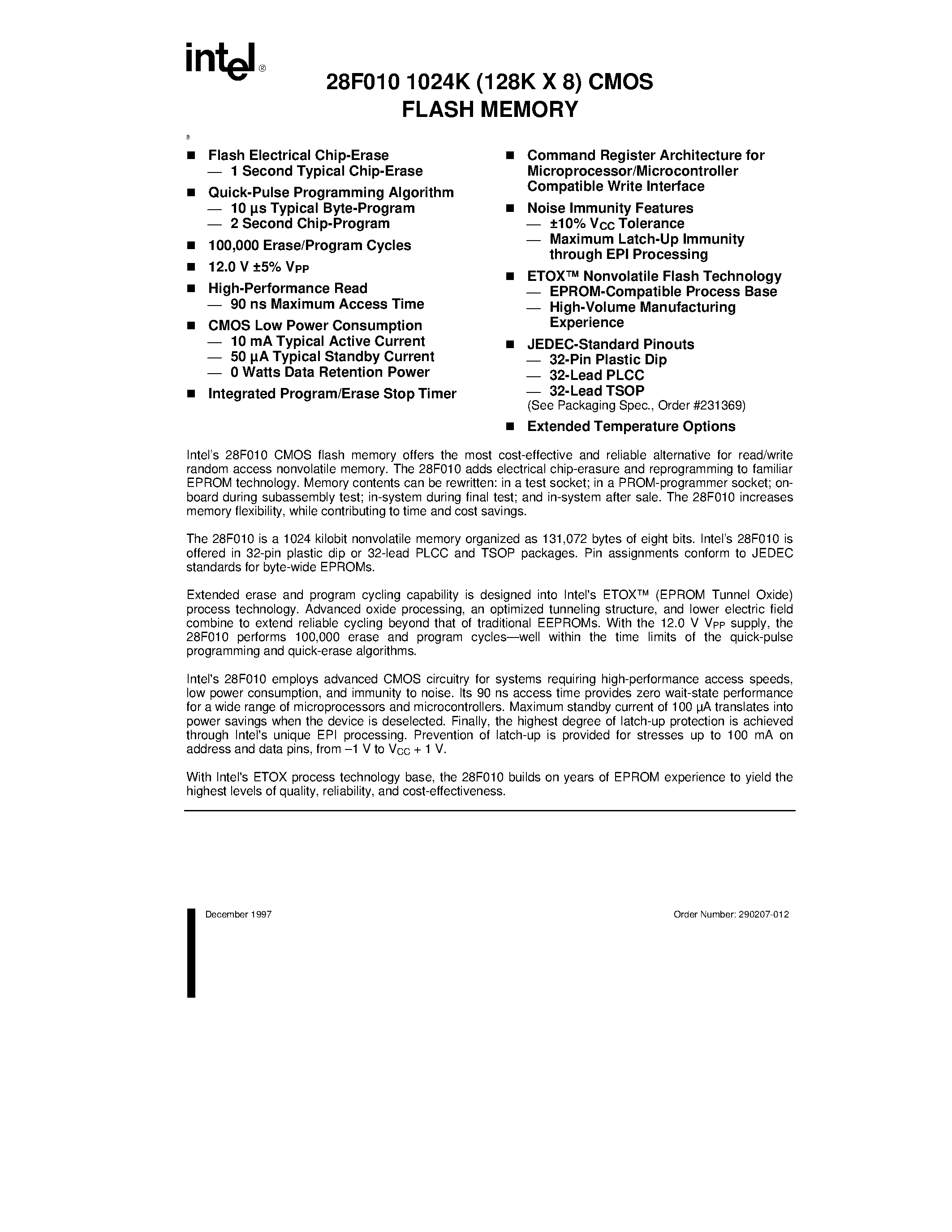Datasheet TP28F010-120 page 1 Datasheet TP28F010-120 - 28F010 1024K (128K X 8) CMOS FLASH MEMORY page 1