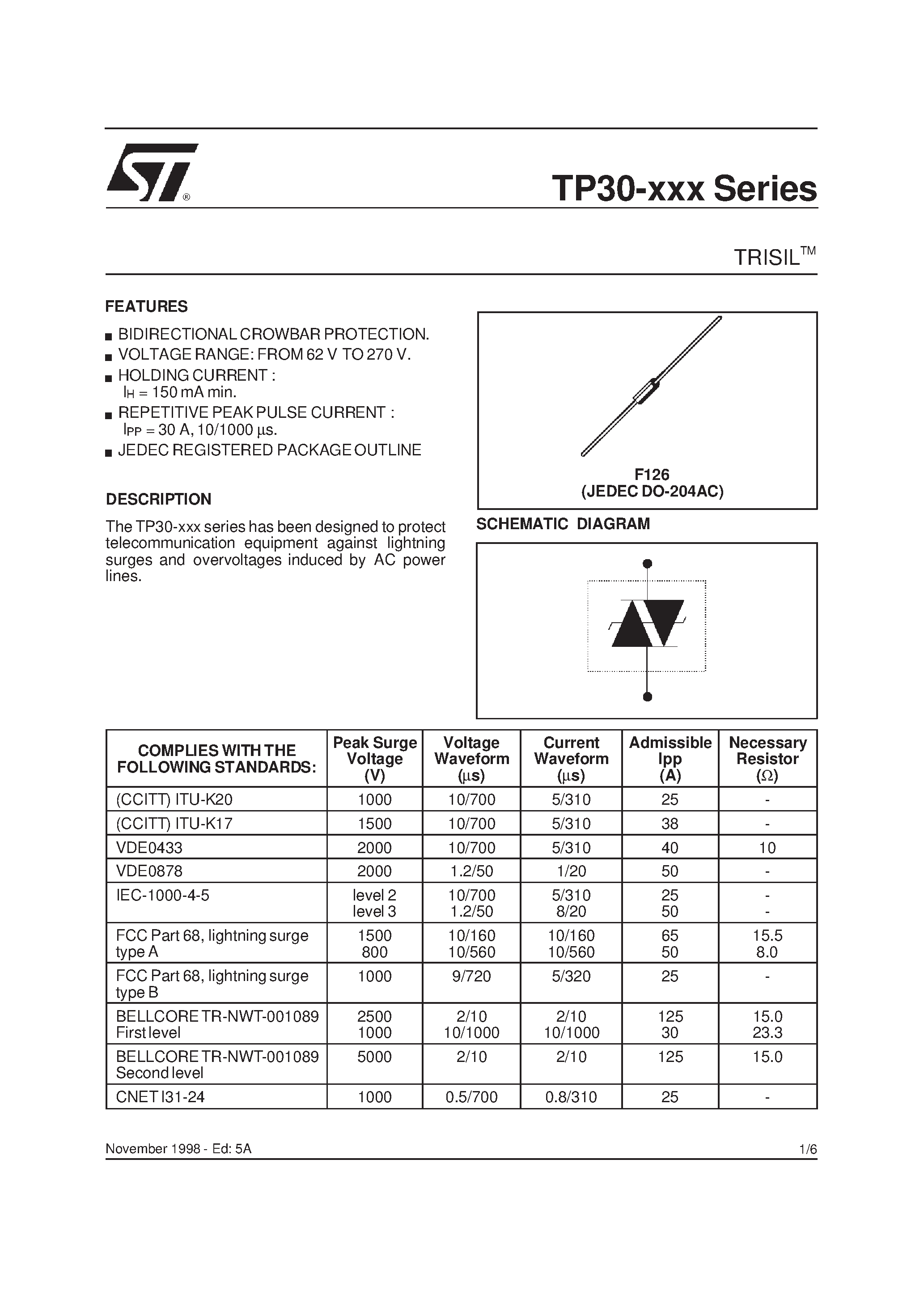 Datasheet TP30-100 page 1 Datasheet TP30-100 - TRISILTM page 1