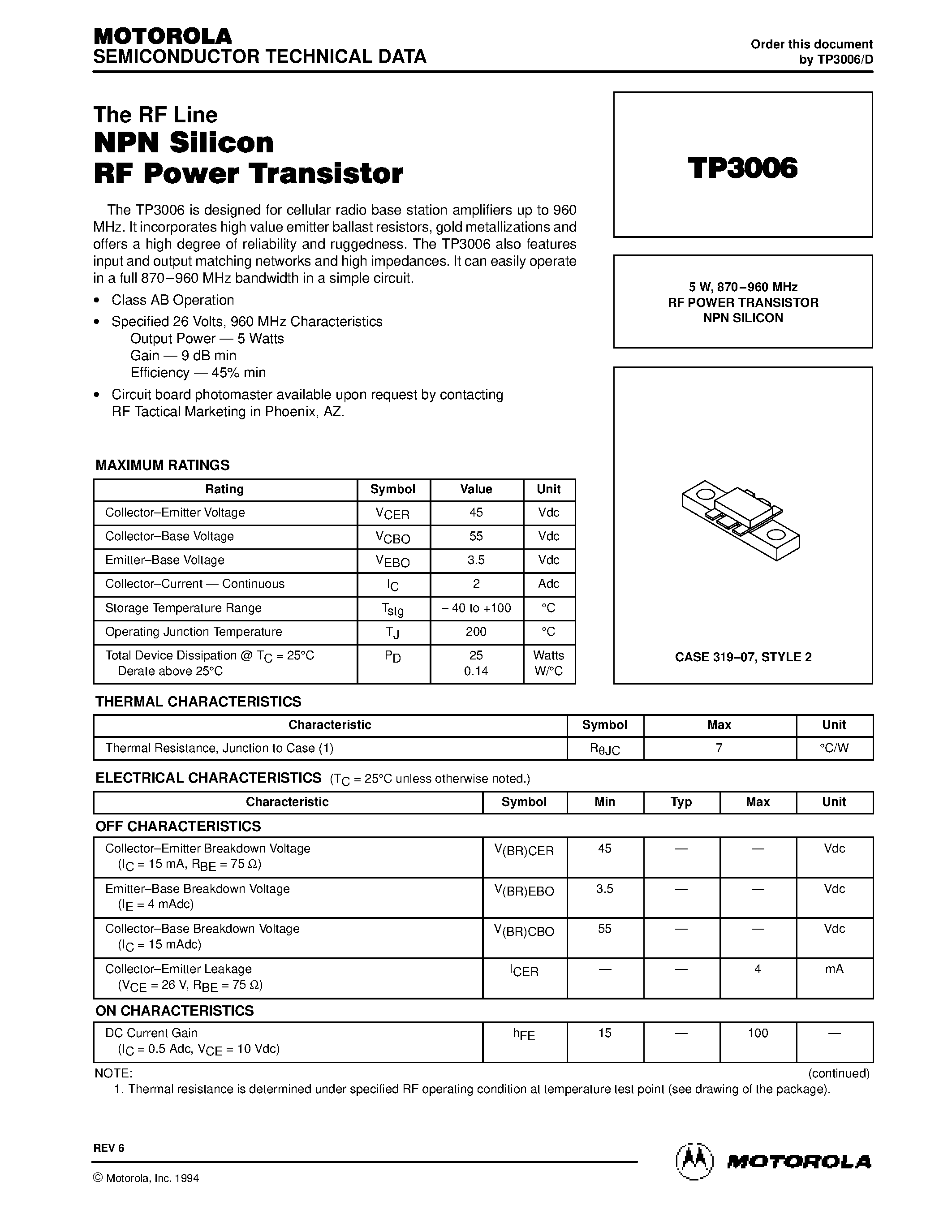 Даташит TP3006 - RF POWER TRANSISTOR NPN SILICON страница 1