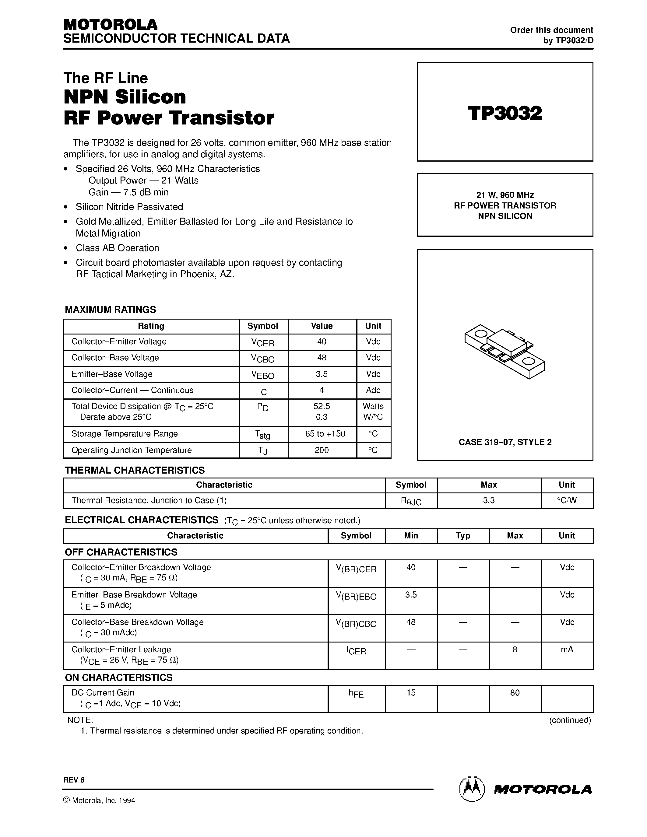 Даташит на микросхему TP3032 страница 1 Даташит TP3032 - RF POWER TRANSISTOR NPN SILICON страница 1