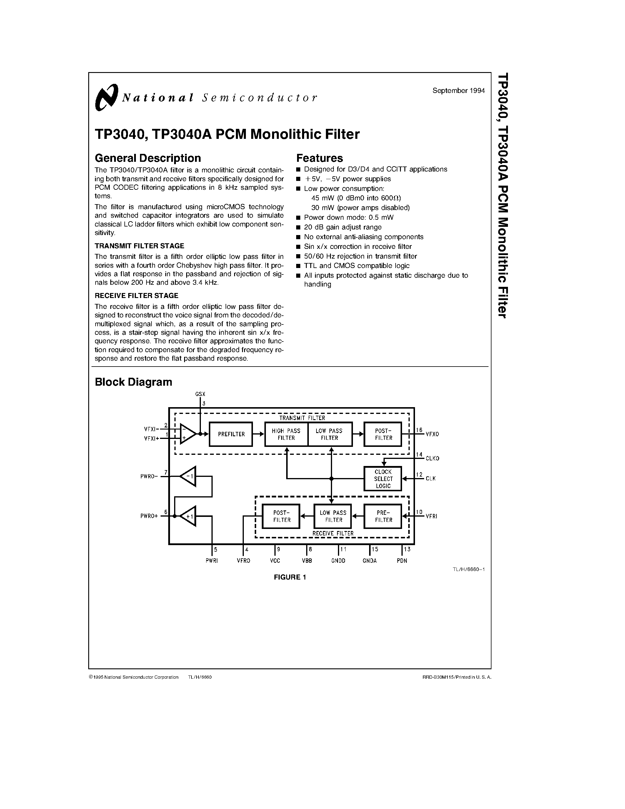 Даташит TP3040AN - TP3040/ TP3040A PCM Monolithic Filter страница 1