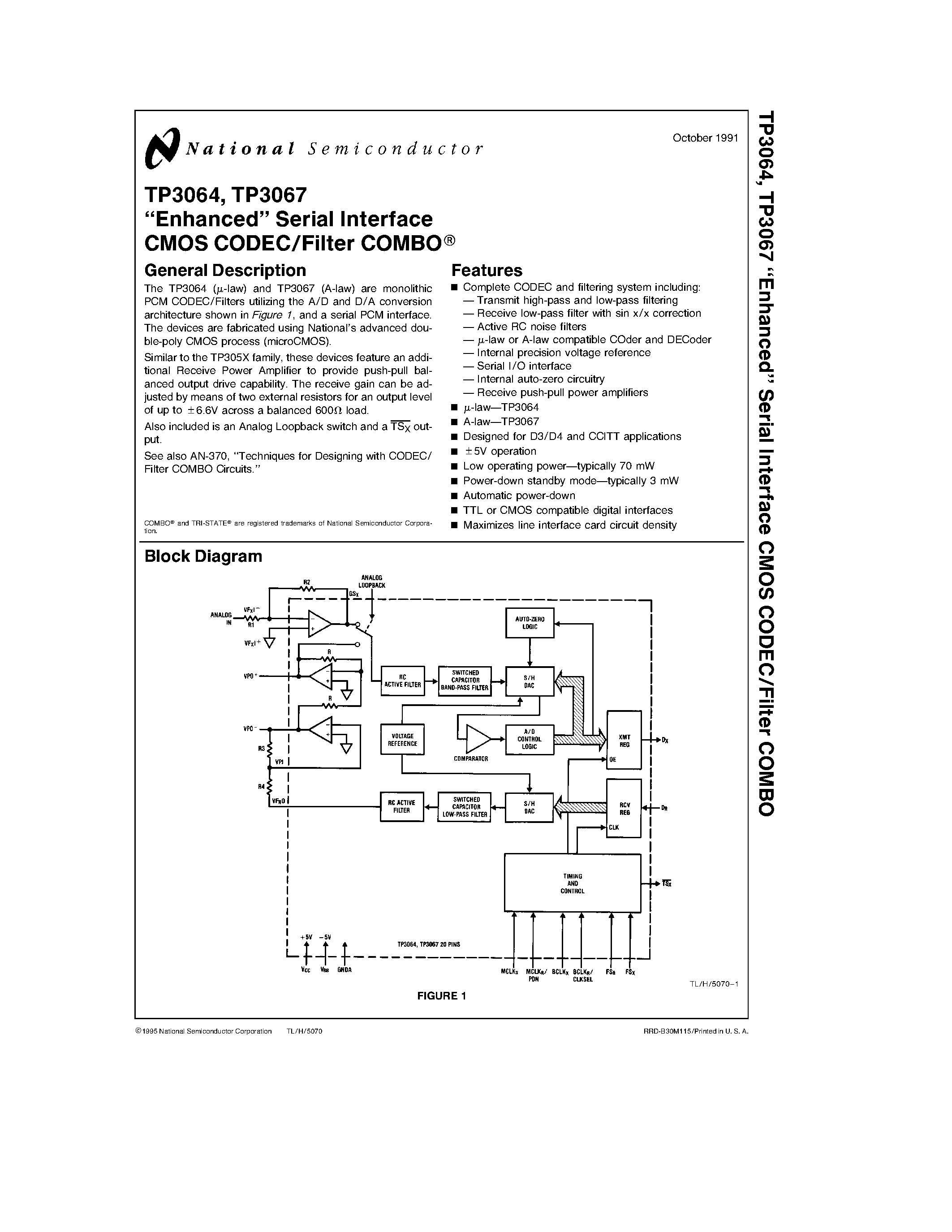 Даташит TP3067 - Enhanced Serial Interface CMOS CODEC/Filter COMBO страница 1