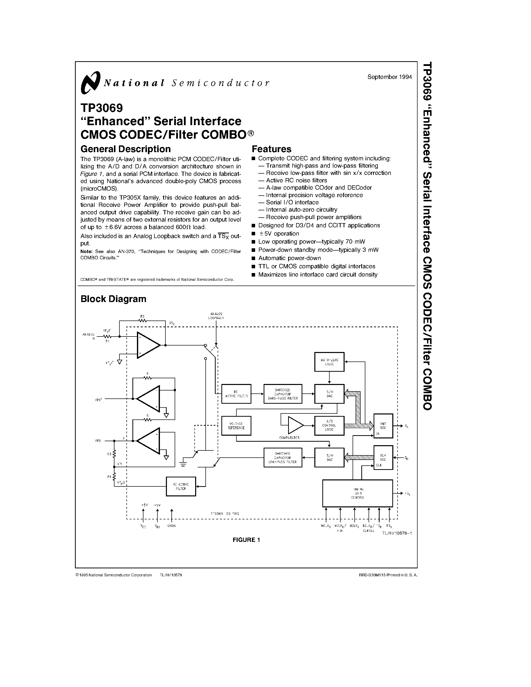 Datasheet TP3069J - Enhanced Serial Interface CMOS CODEC/Filter COMBO page 1