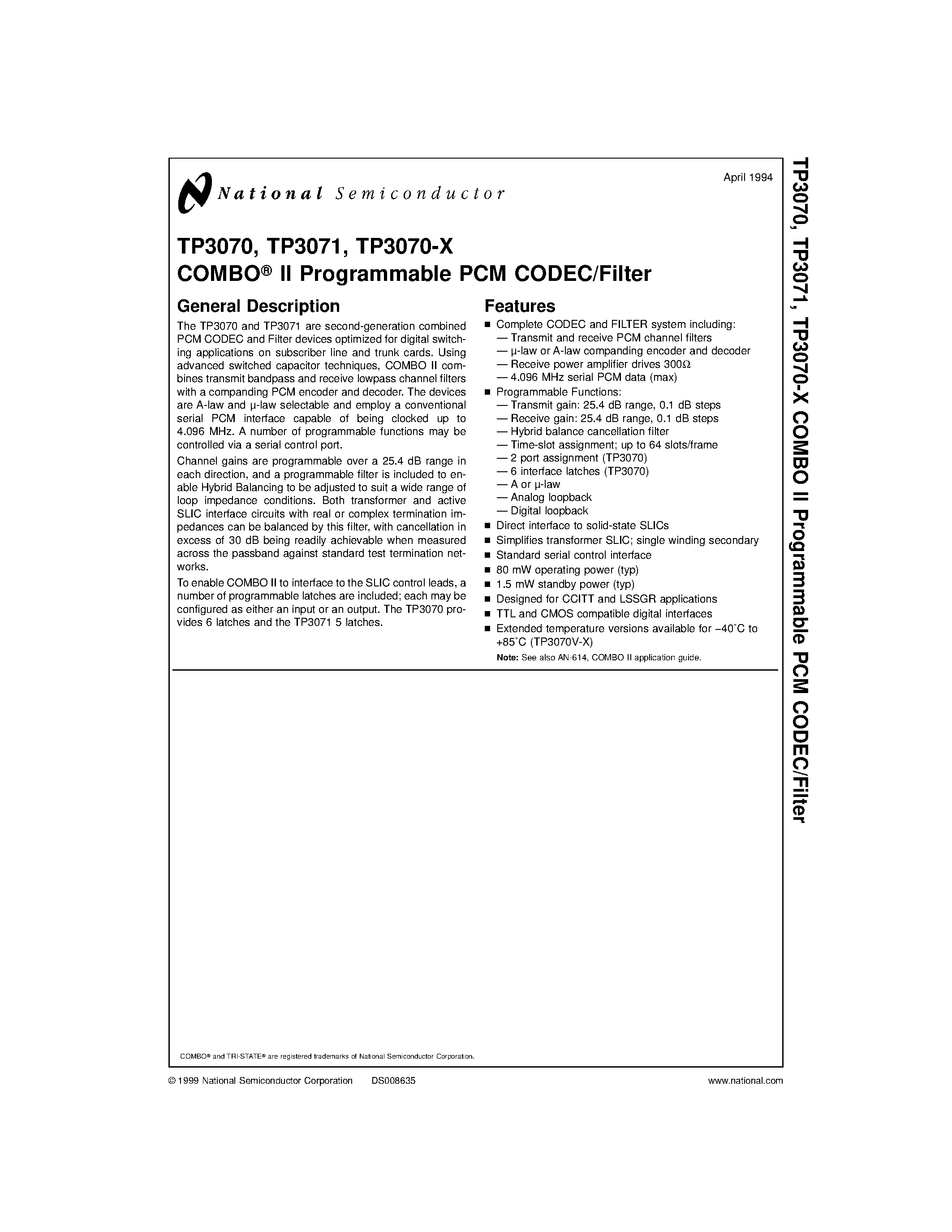 Даташит TP3070 - COMBO II Programmable PCM CODEC/Filter страница 1